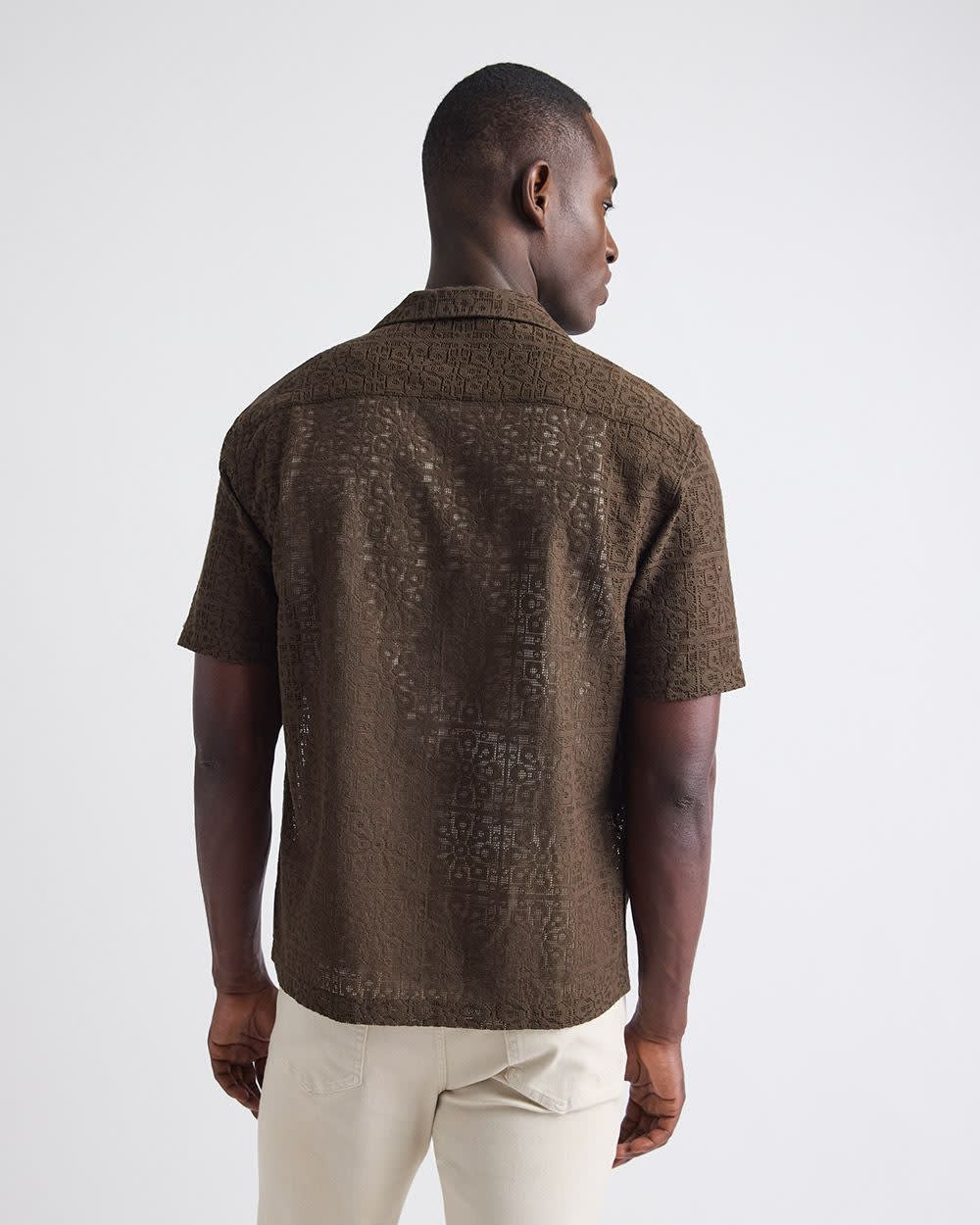 Short-Sleeve Lace Shirt with Camp Collar