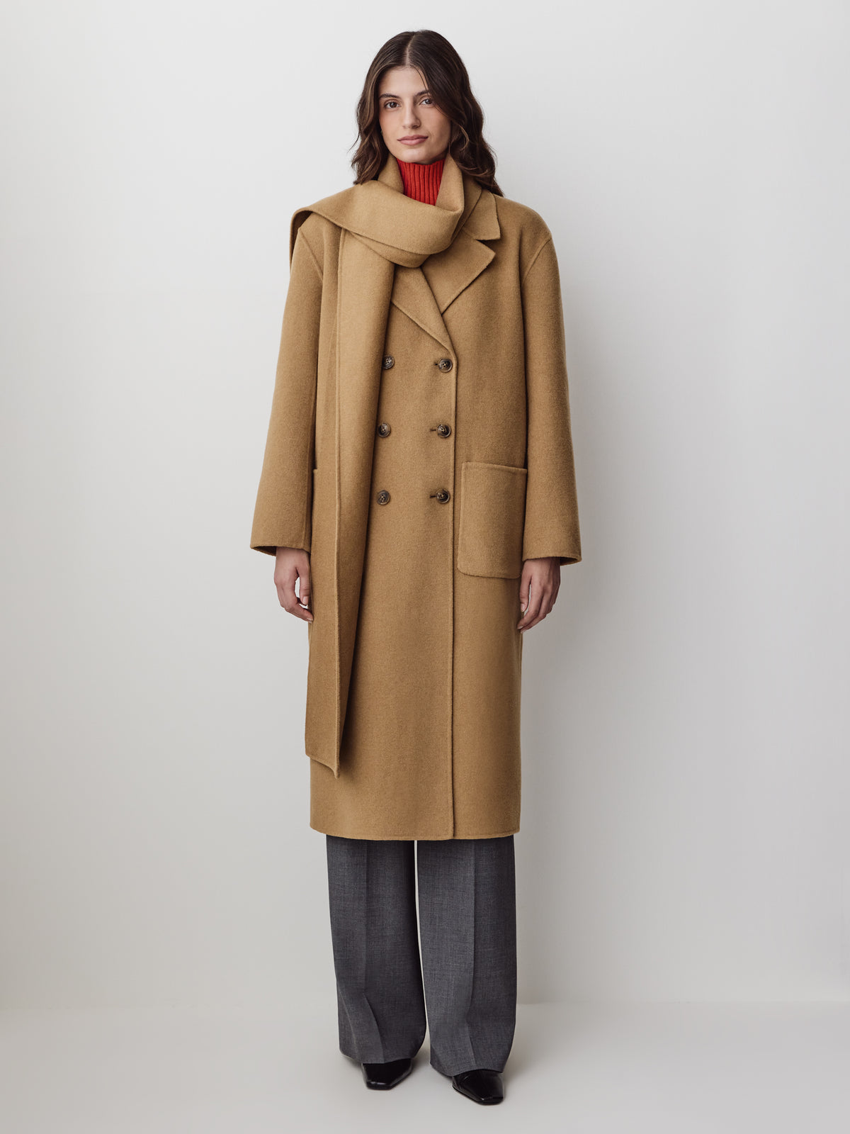 Wool Blend Double-Breasted Coat with Removable Scarf
