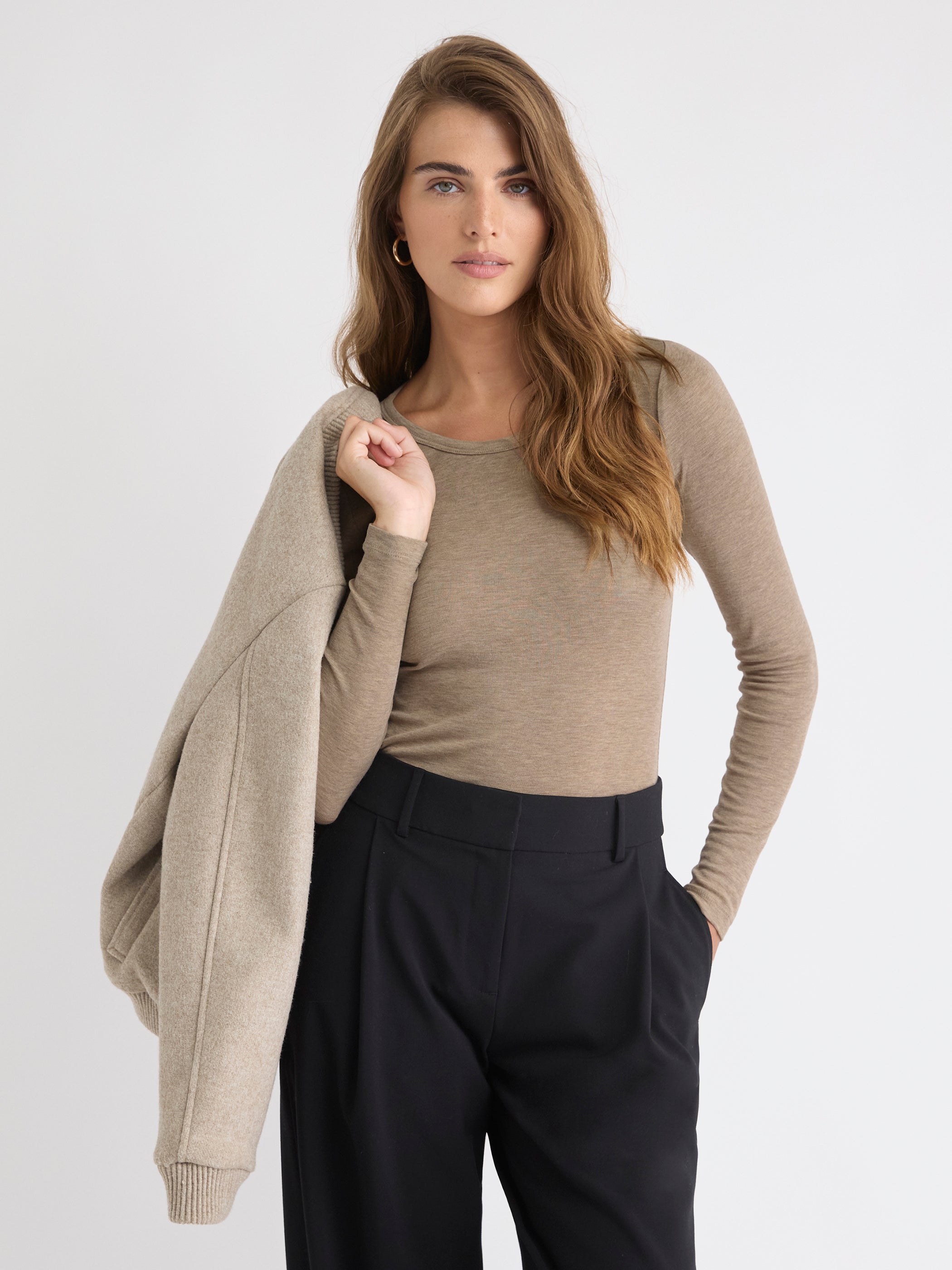 Wool-Blend Scoop-Neck Long-Sleeve Top