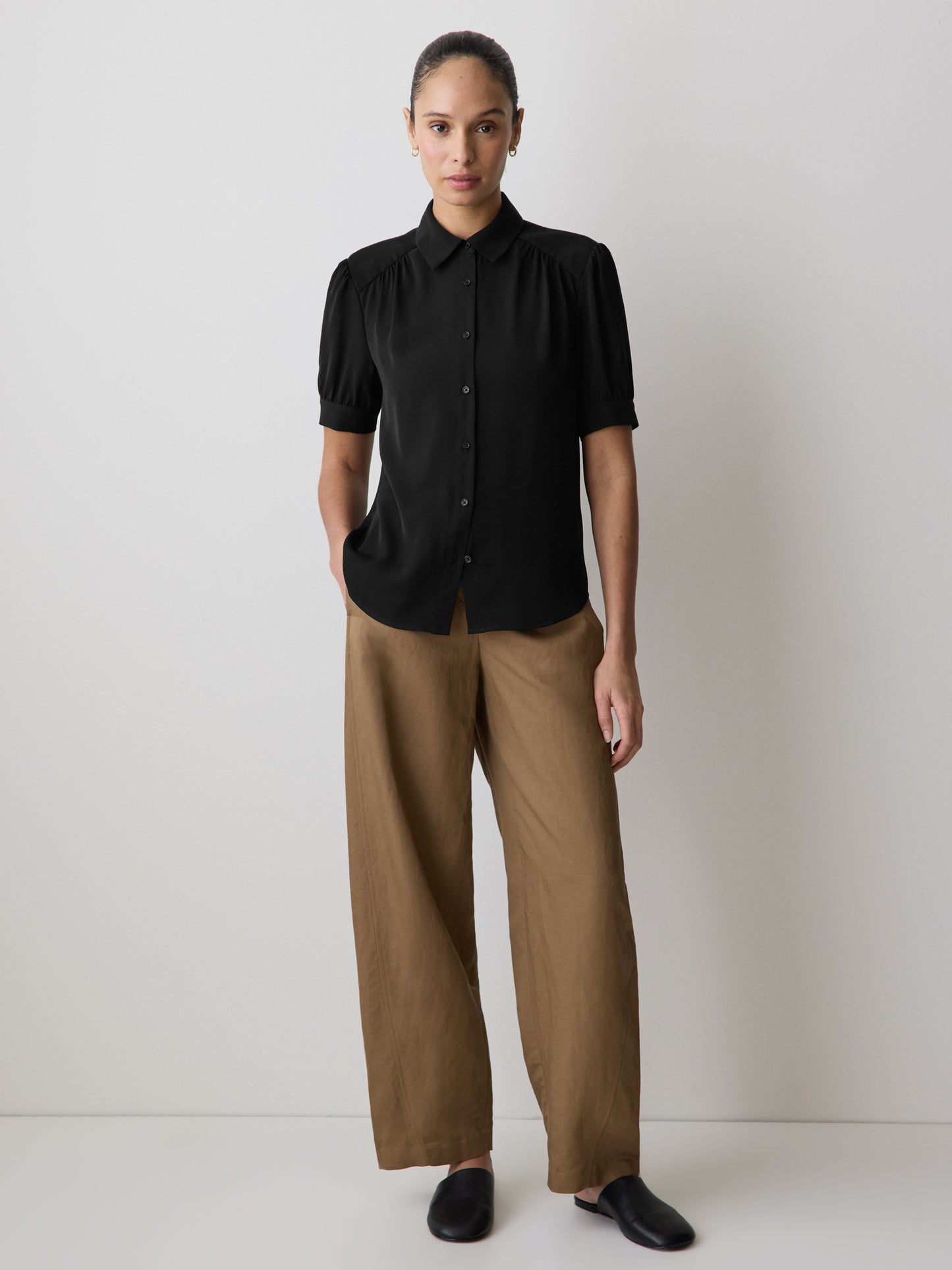 Silky Crepe Short-Sleeve Buttoned-Down Blouse