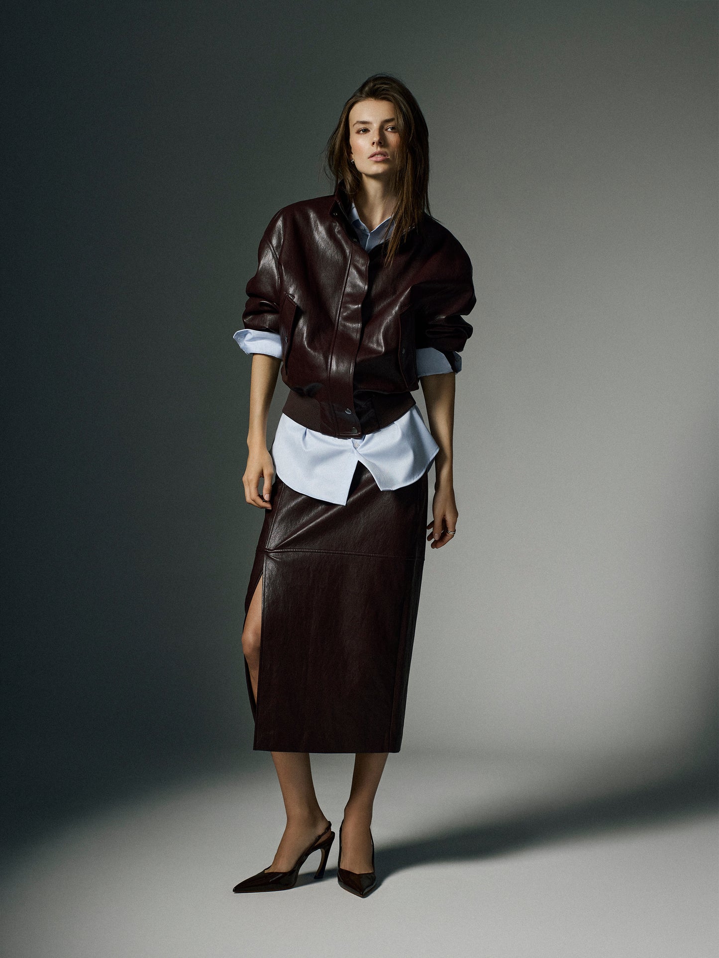 Woven High Rise Stretch PU Coated Skirt