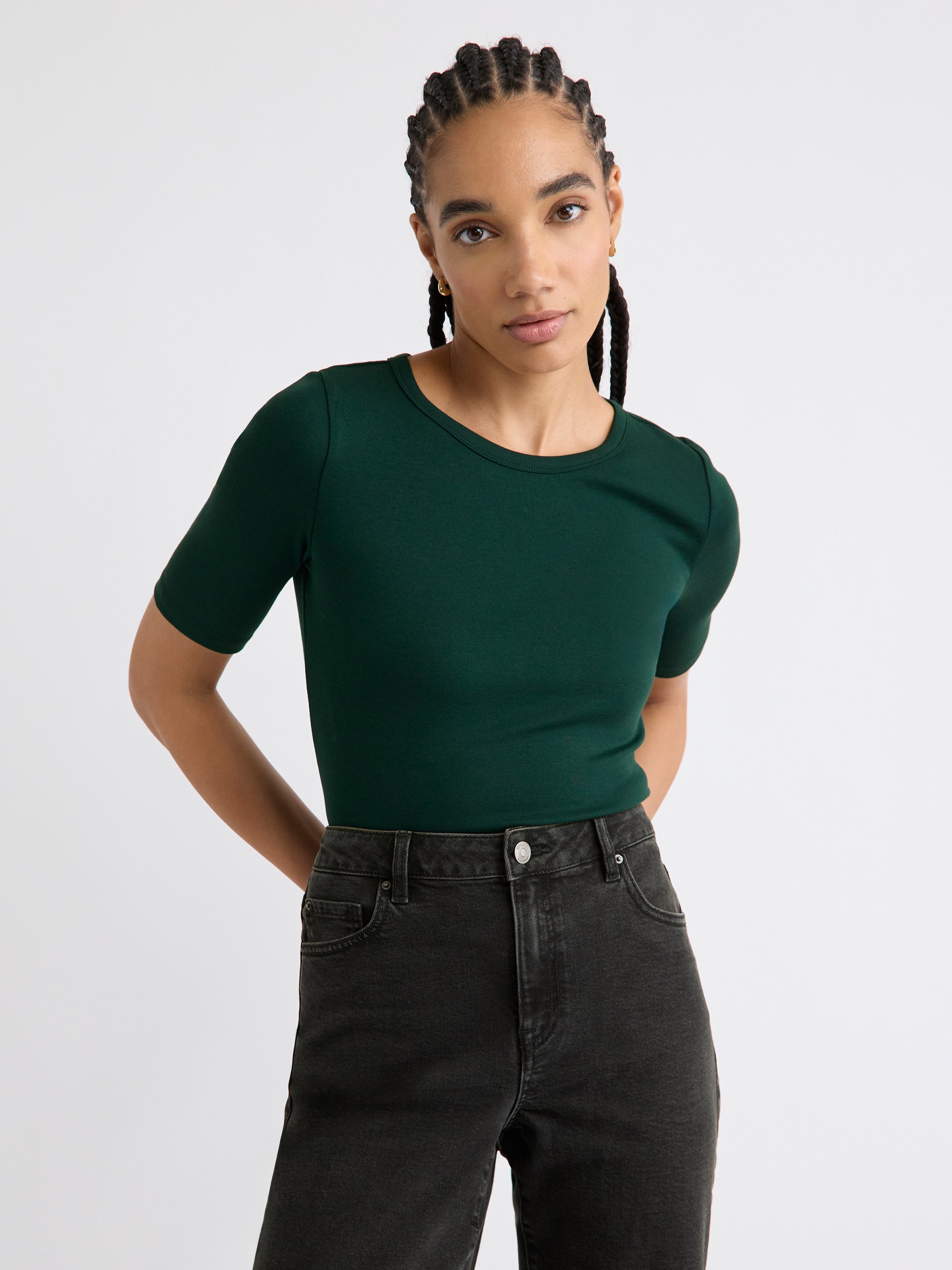 Elbow-Sleeve Crew-Neck Fitted Tee