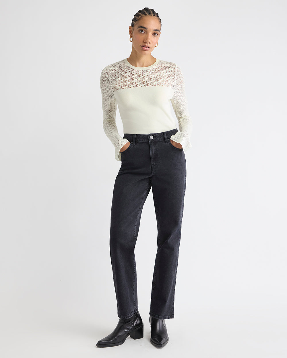 Long-Sleeve Crew-Neck Sweater with Fancy-Stitch Yoke
