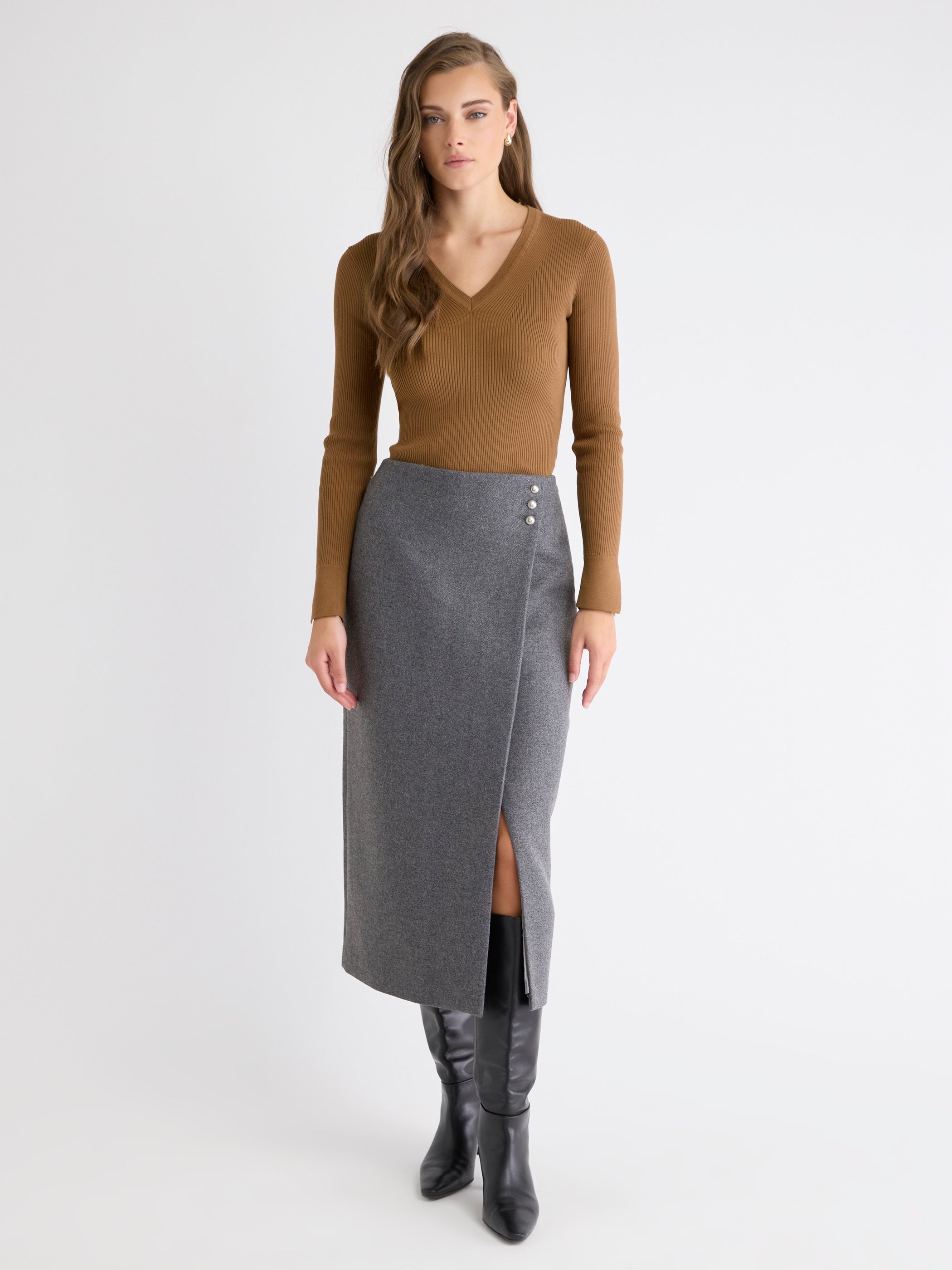 Pull Côtelé à Manches Longues et Col V