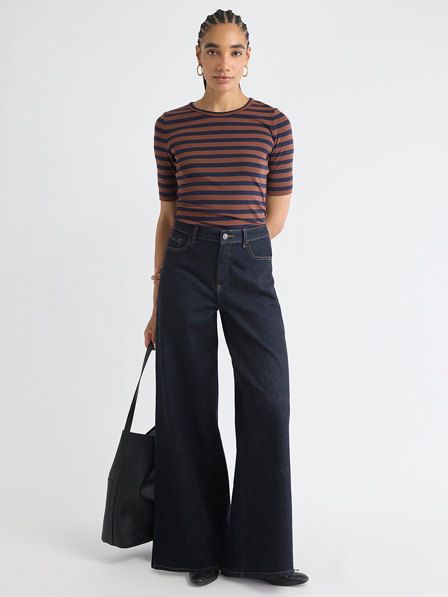 Striped Elbow-Sleeve Crew-Neck Fitted Tee