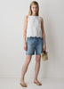 Woven Denim High Rise Mid Thigh Shorts