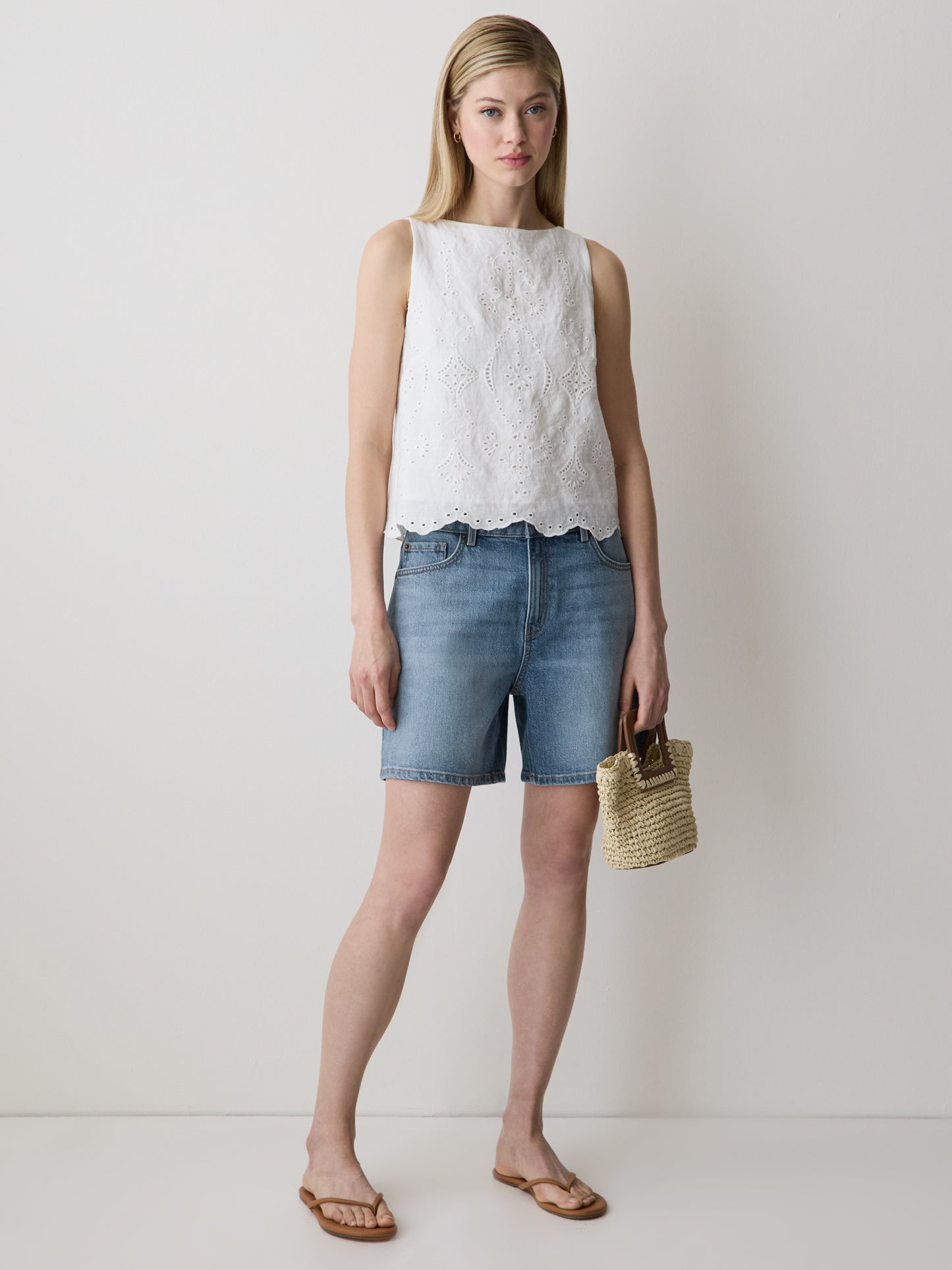 Woven Denim High Rise Mid Thigh Shorts