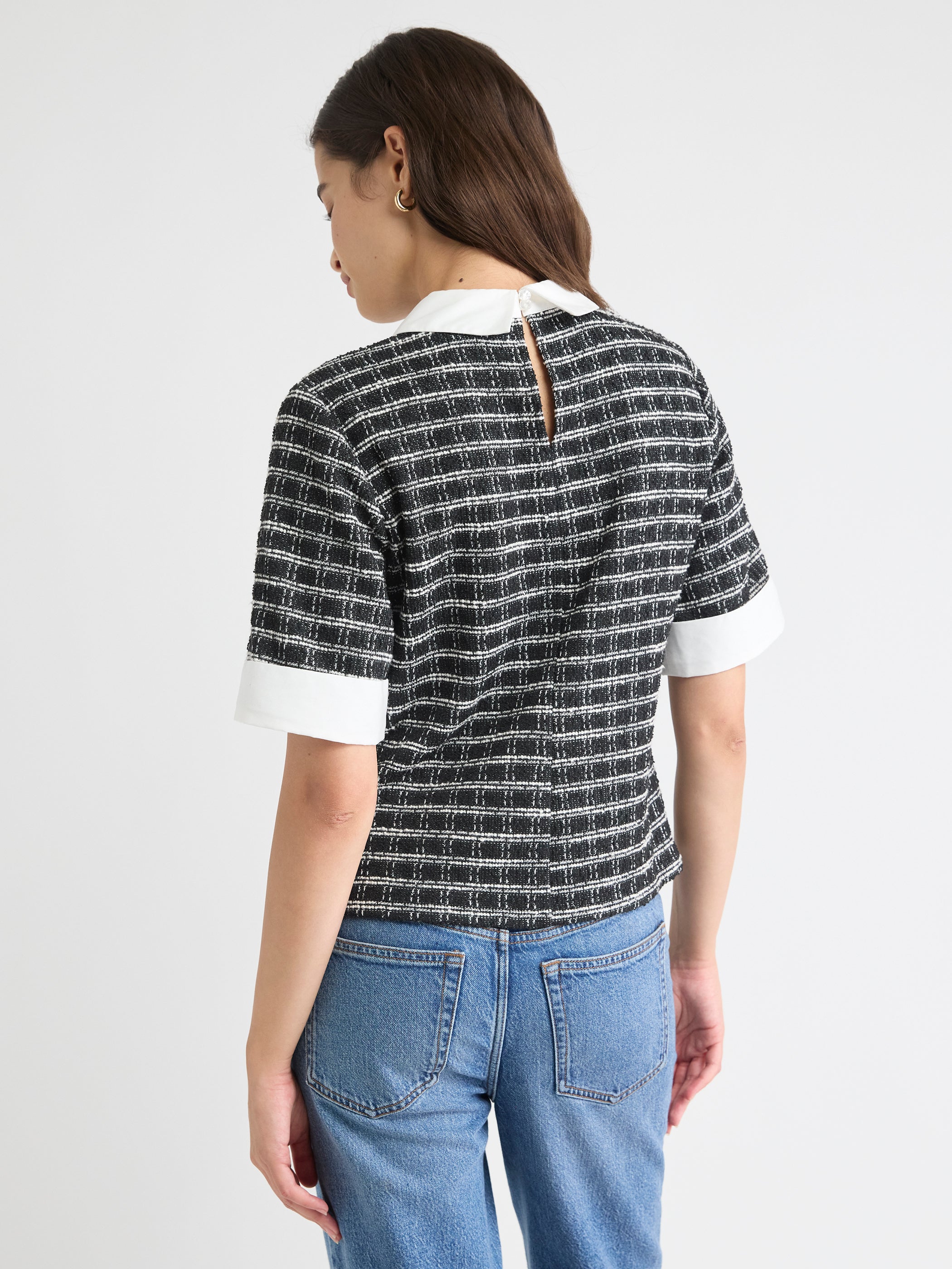 Haut en Tweed à Col Chemisier et Manches Courtes