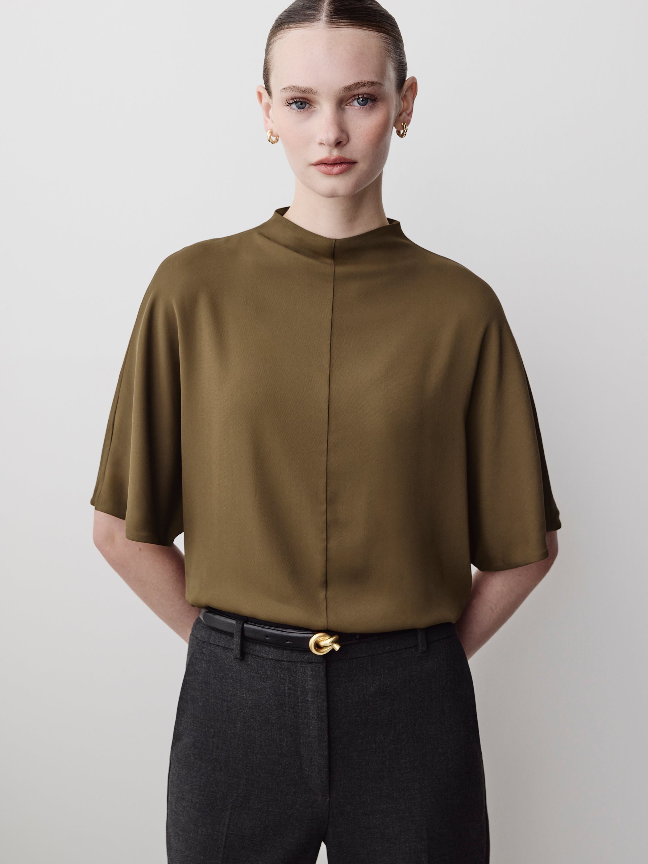 Short-Sleeve Mock-Neck Cape Blouse