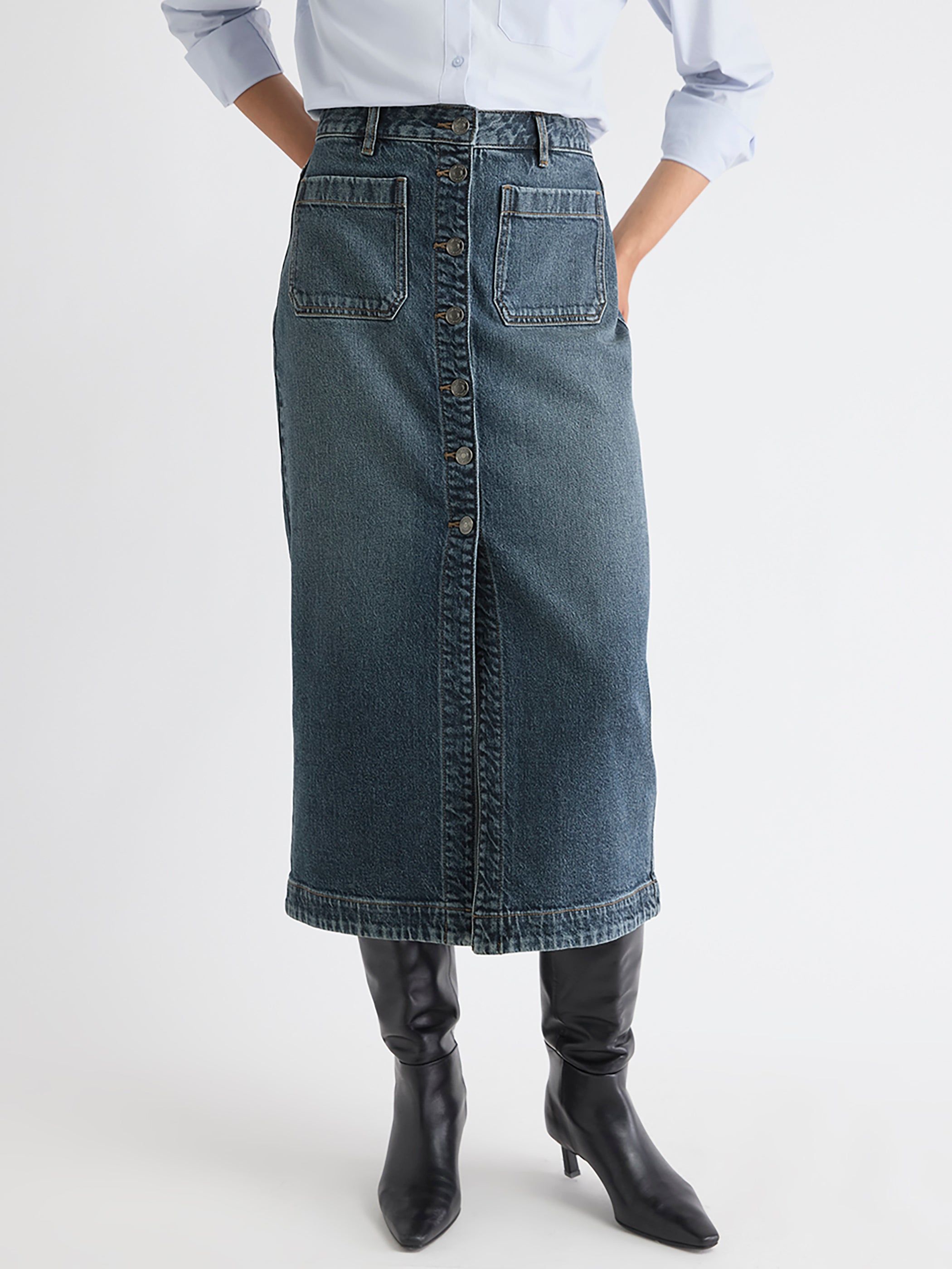 Jupe Midi Évasée en Denim à Délavé Moyen