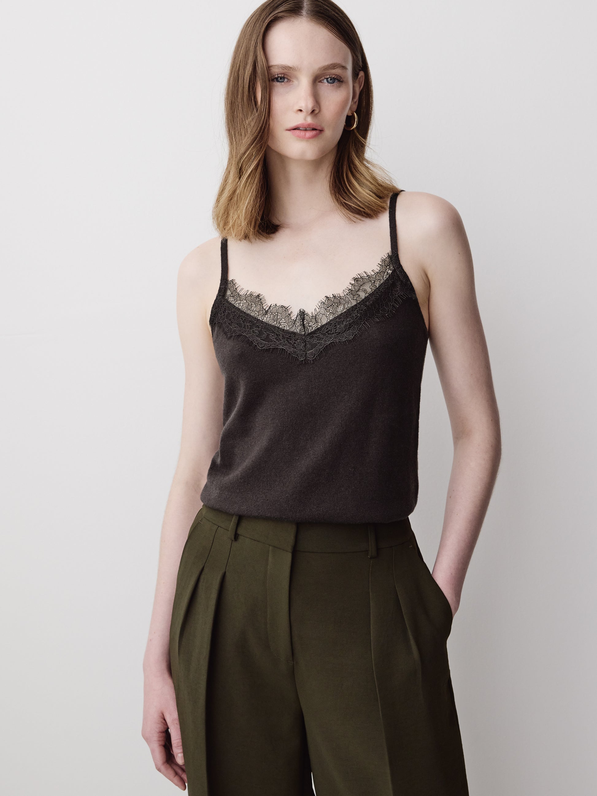 Merino-Wool V-Neck Cami with Lace Trim