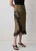 High-Rise Satin Midi Skirt with Lace Trim