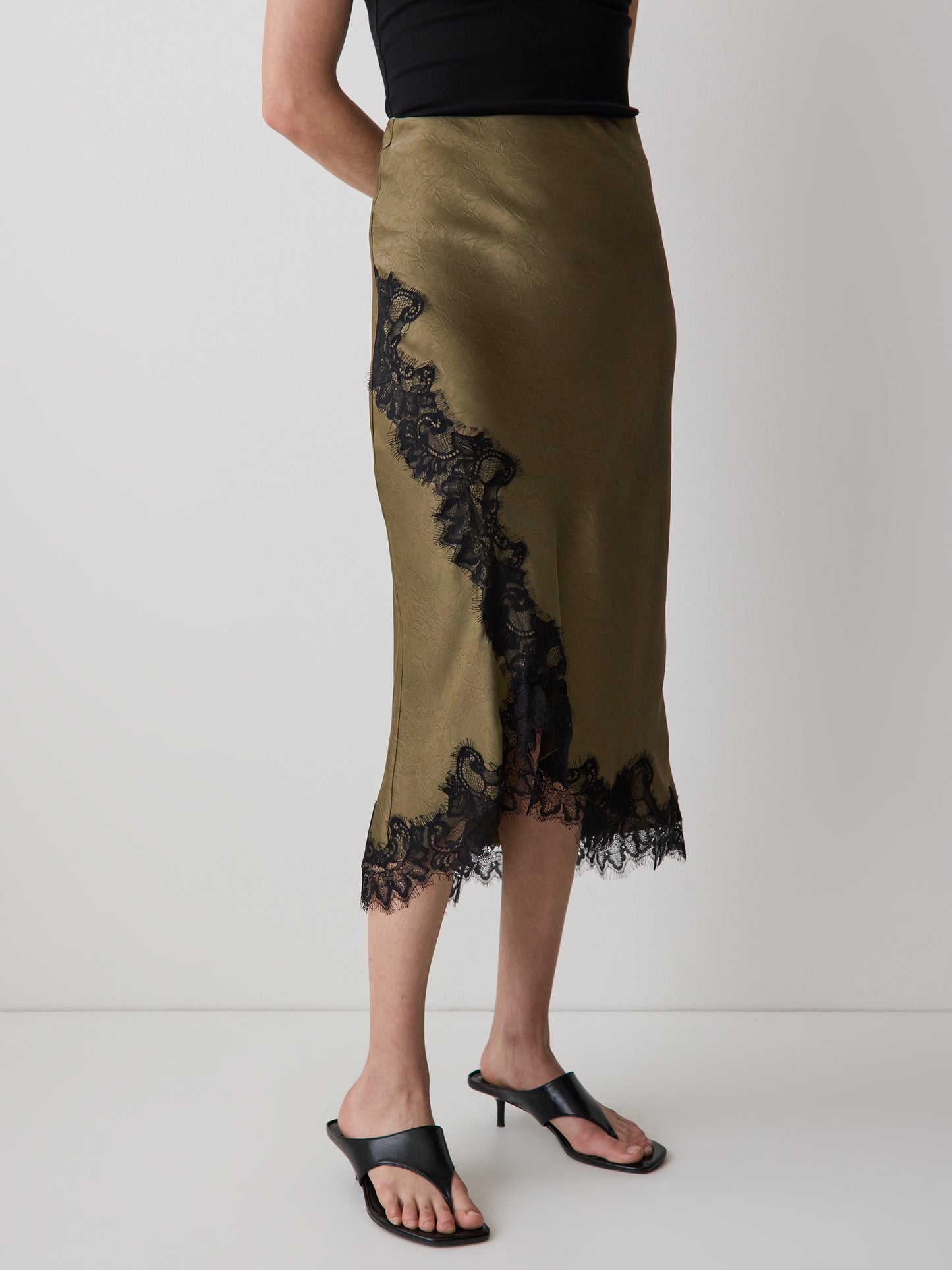 High-Rise Satin Midi Skirt with Lace Trim