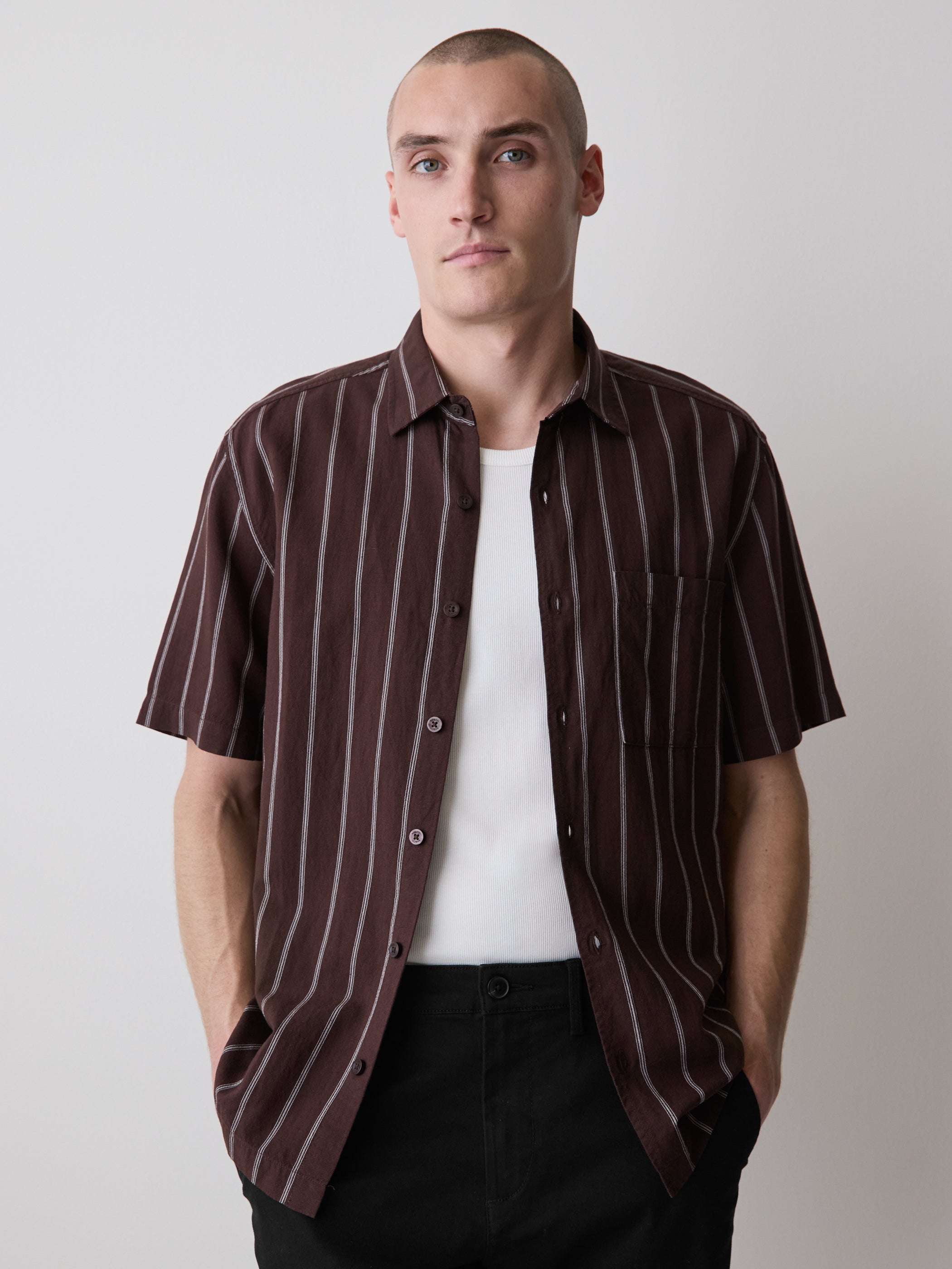 Mens Woven Regular Fit Linen Blend Stripe Shirt