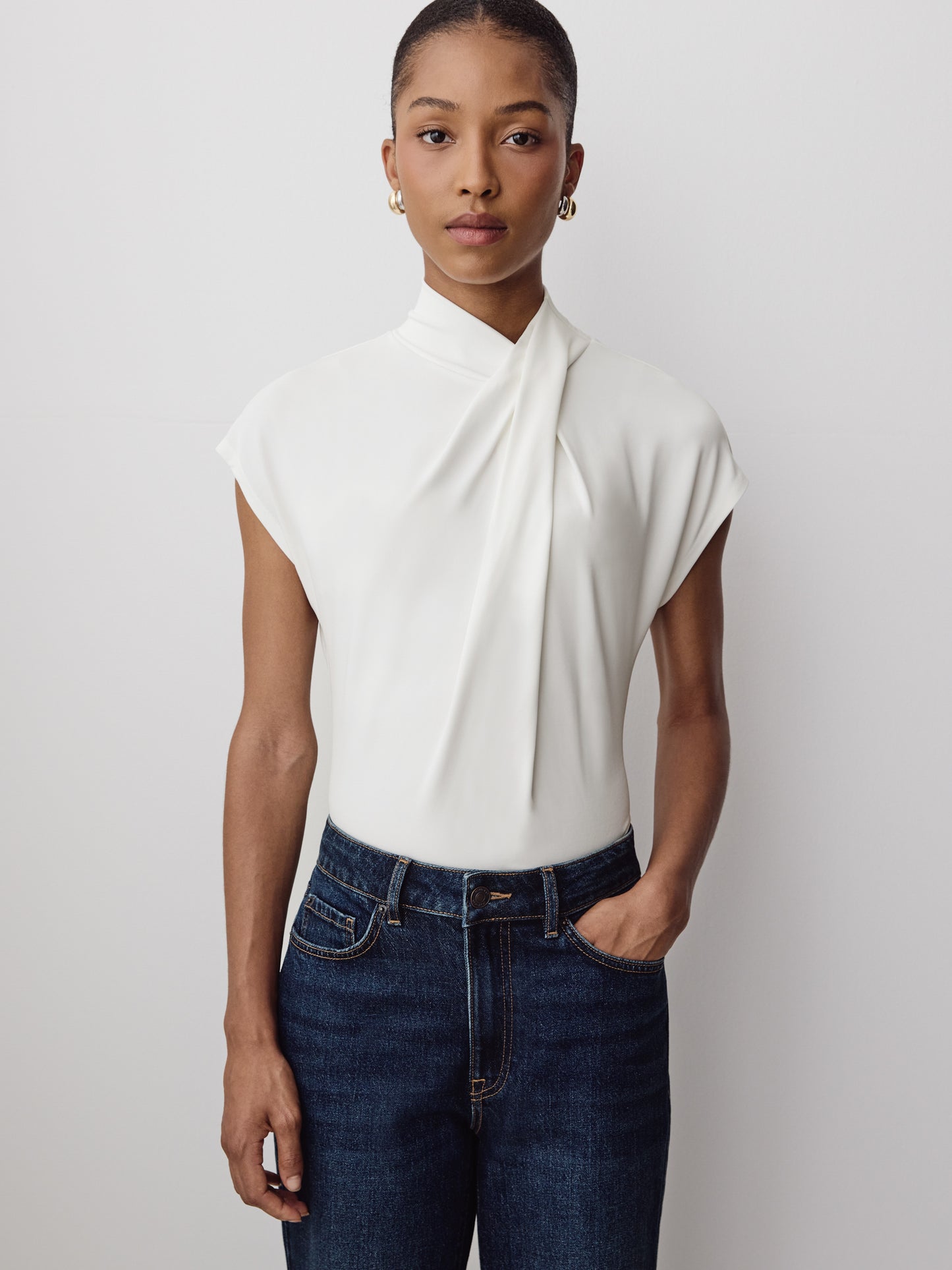 Extended-Sleeve Top with Crossover Draped Mock Neckline