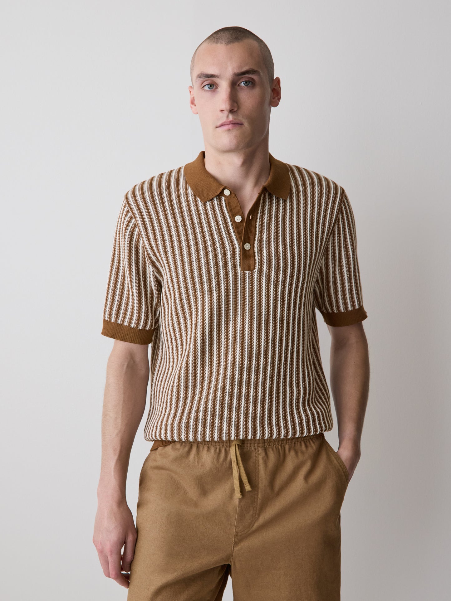 Striped Short-Sleeve Polo Sweater