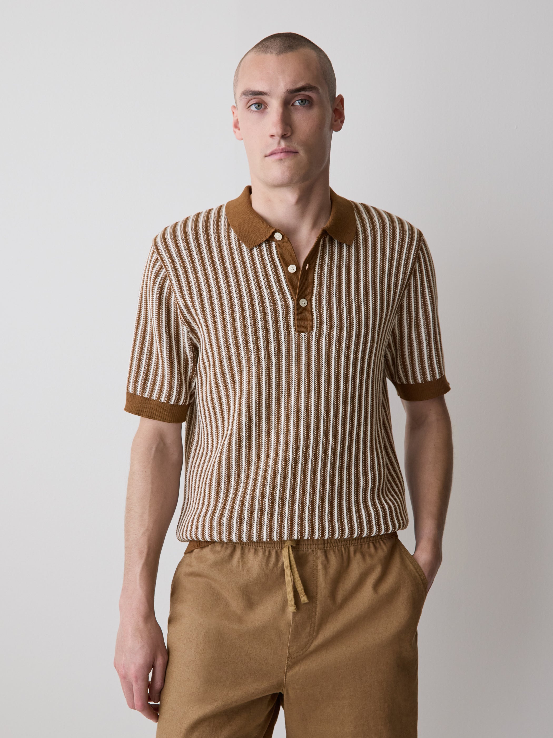 Striped Short-Sleeve Polo Sweater
