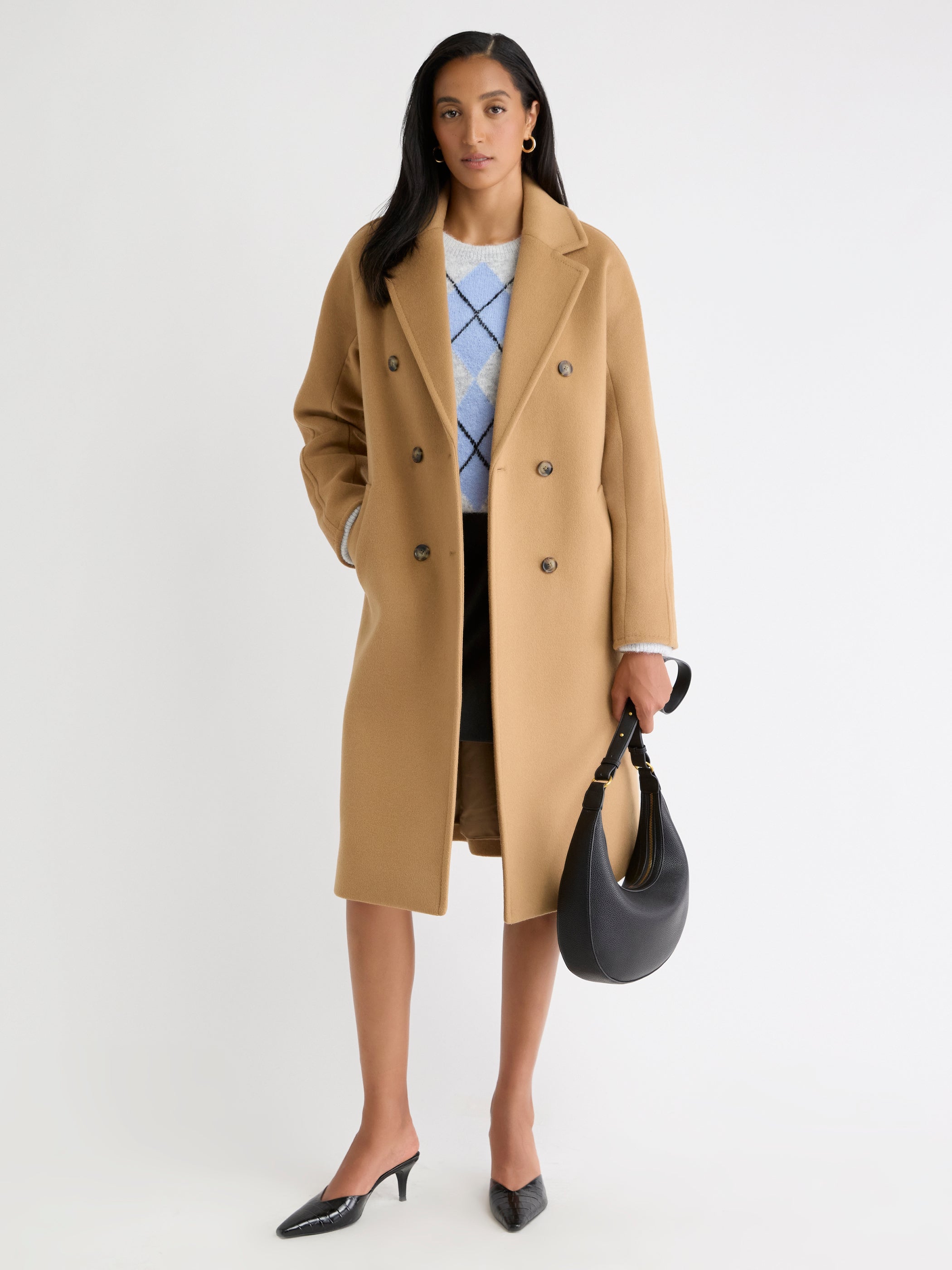 Manteau Long à Boutonnage Double en Mélange de Laine