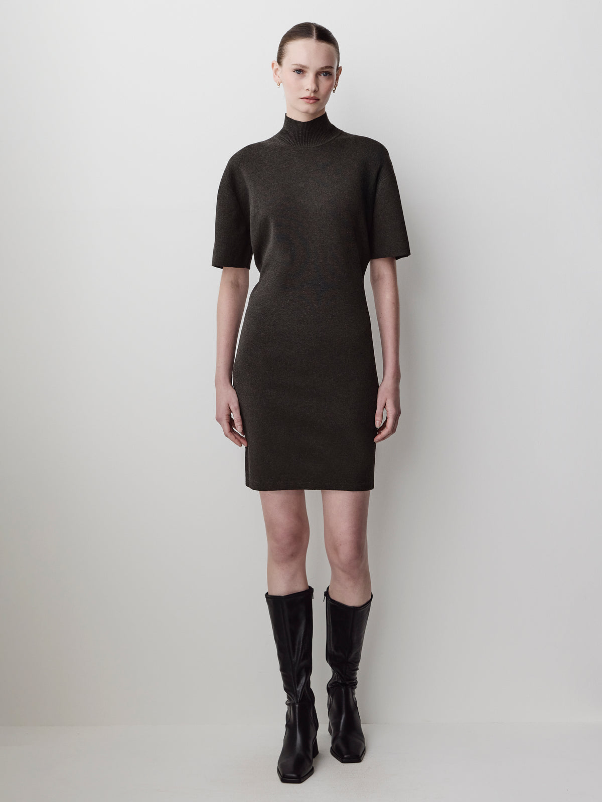 Short-Sleeve Mock-Neck Mini Sweater Dress