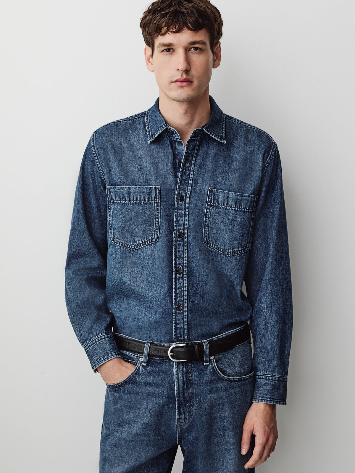 Long-Sleeve Denim Shirt with Chest Pockets