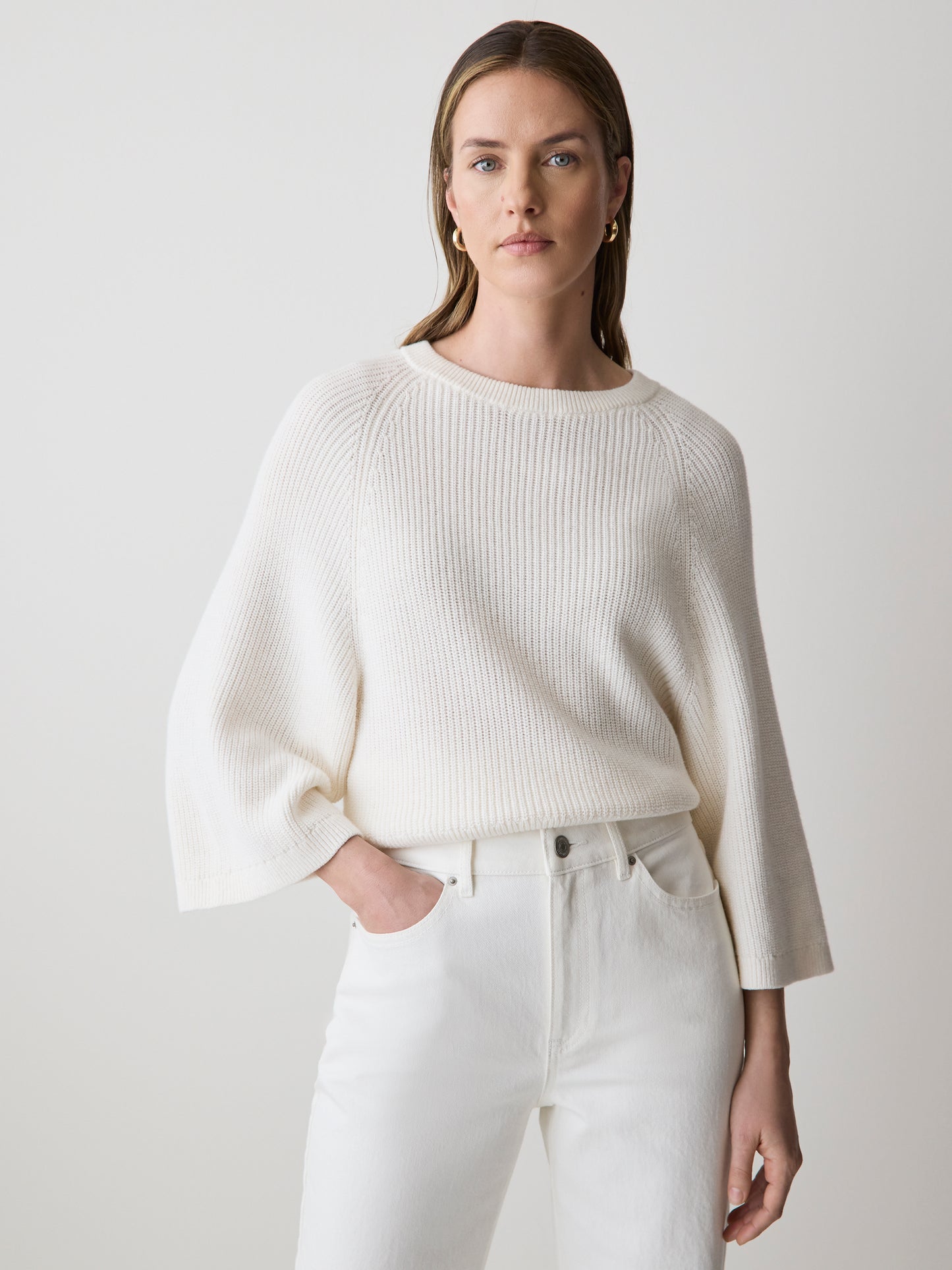 Wide-Sleeve Crew-Neck Merino-Blend Sweater