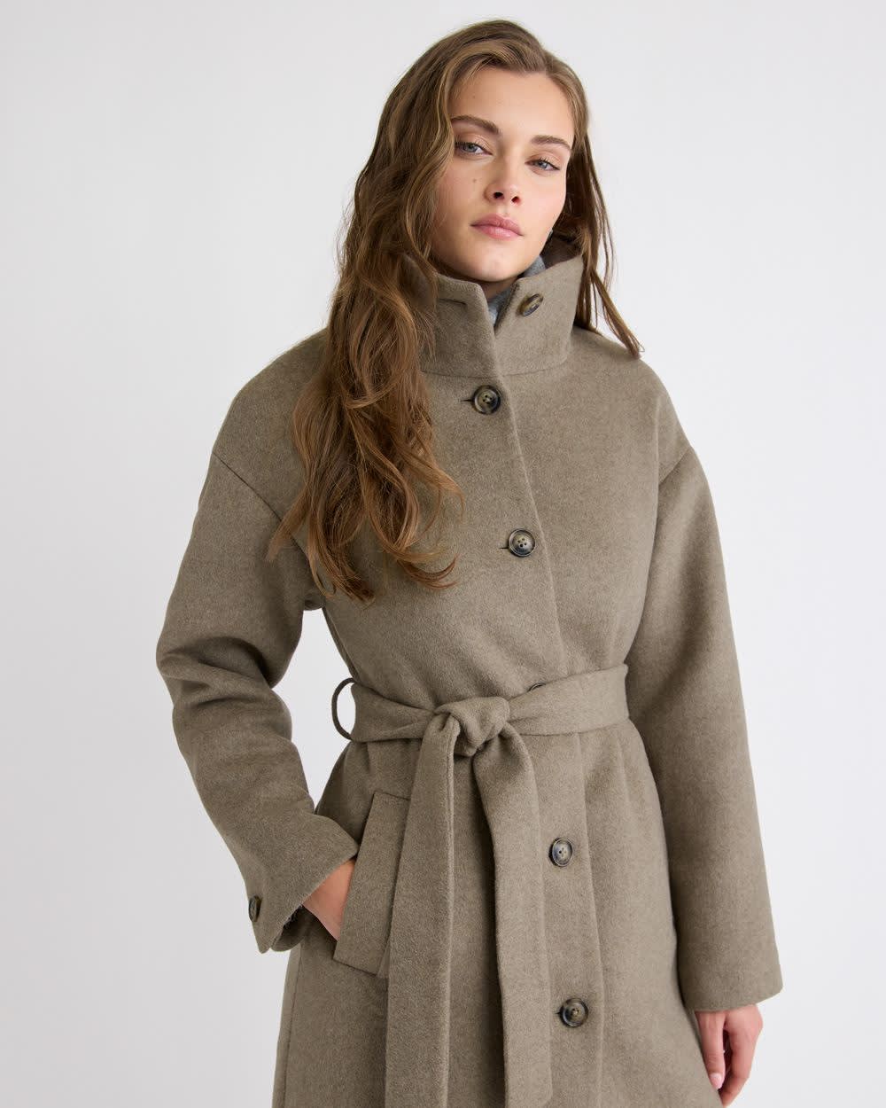 Manteau d'Hiver Long à Col Montant en Mélange de Laine