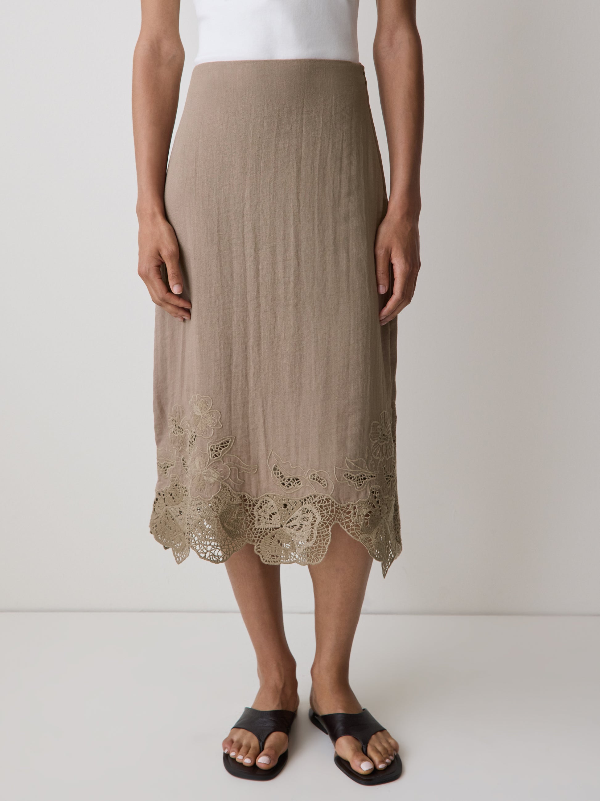 Woven Straight Skirt with Lace Trim