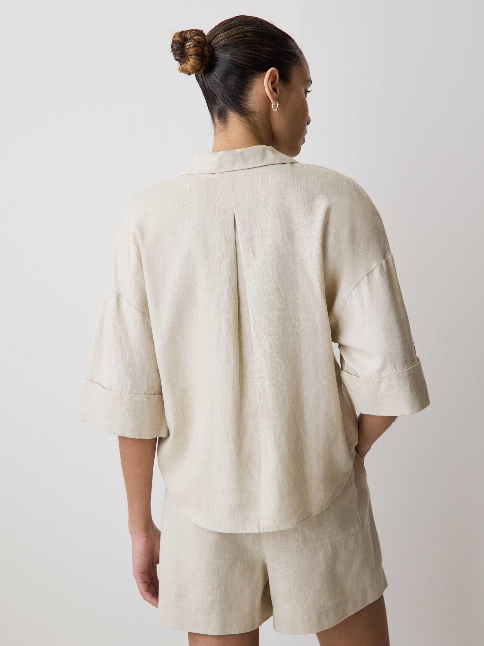 Linen-Blend Short-Sleeve Blouse with Shirt Collar