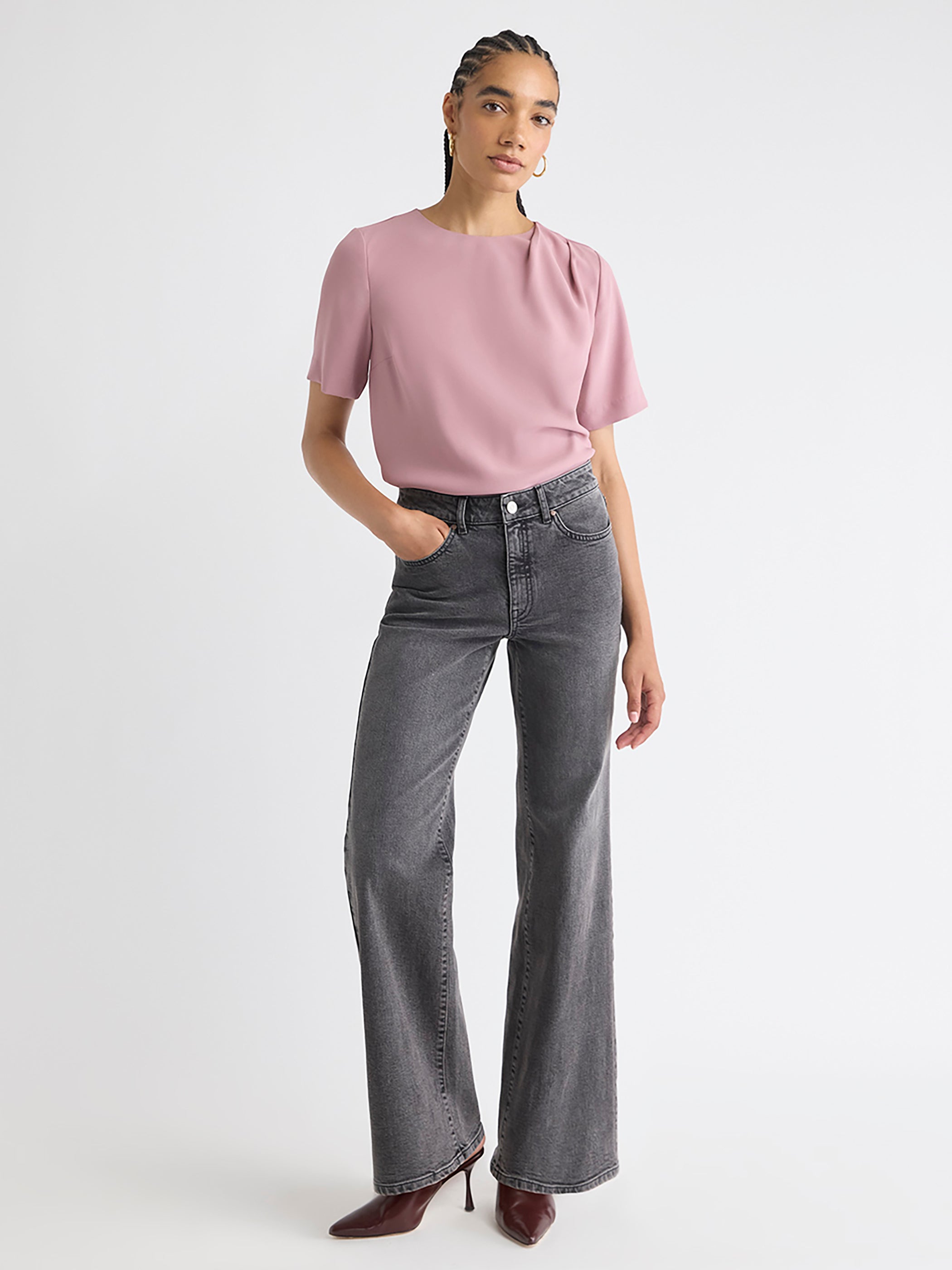 Short-Sleeve Crew-Neck Mix-Media Blouse