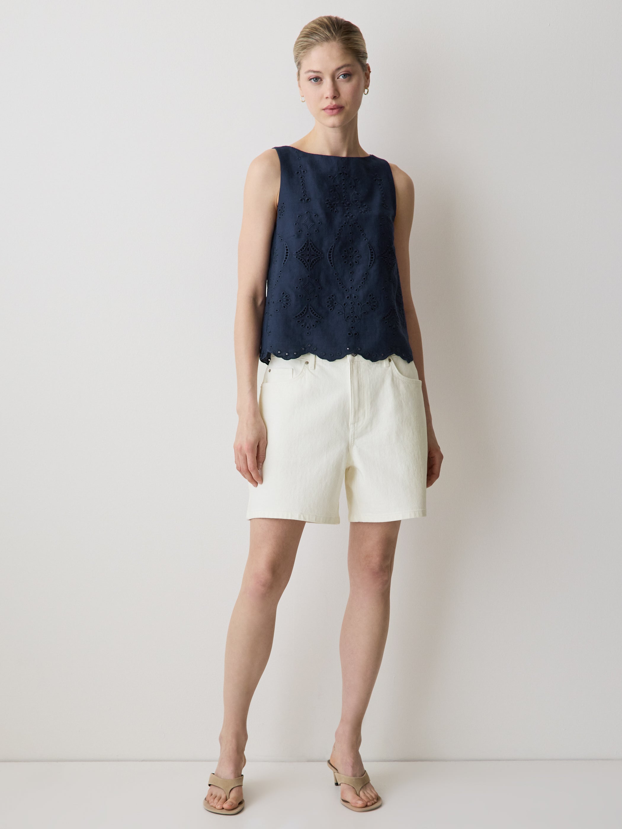 Woven Denim High Rise Mid Thigh Shorts
