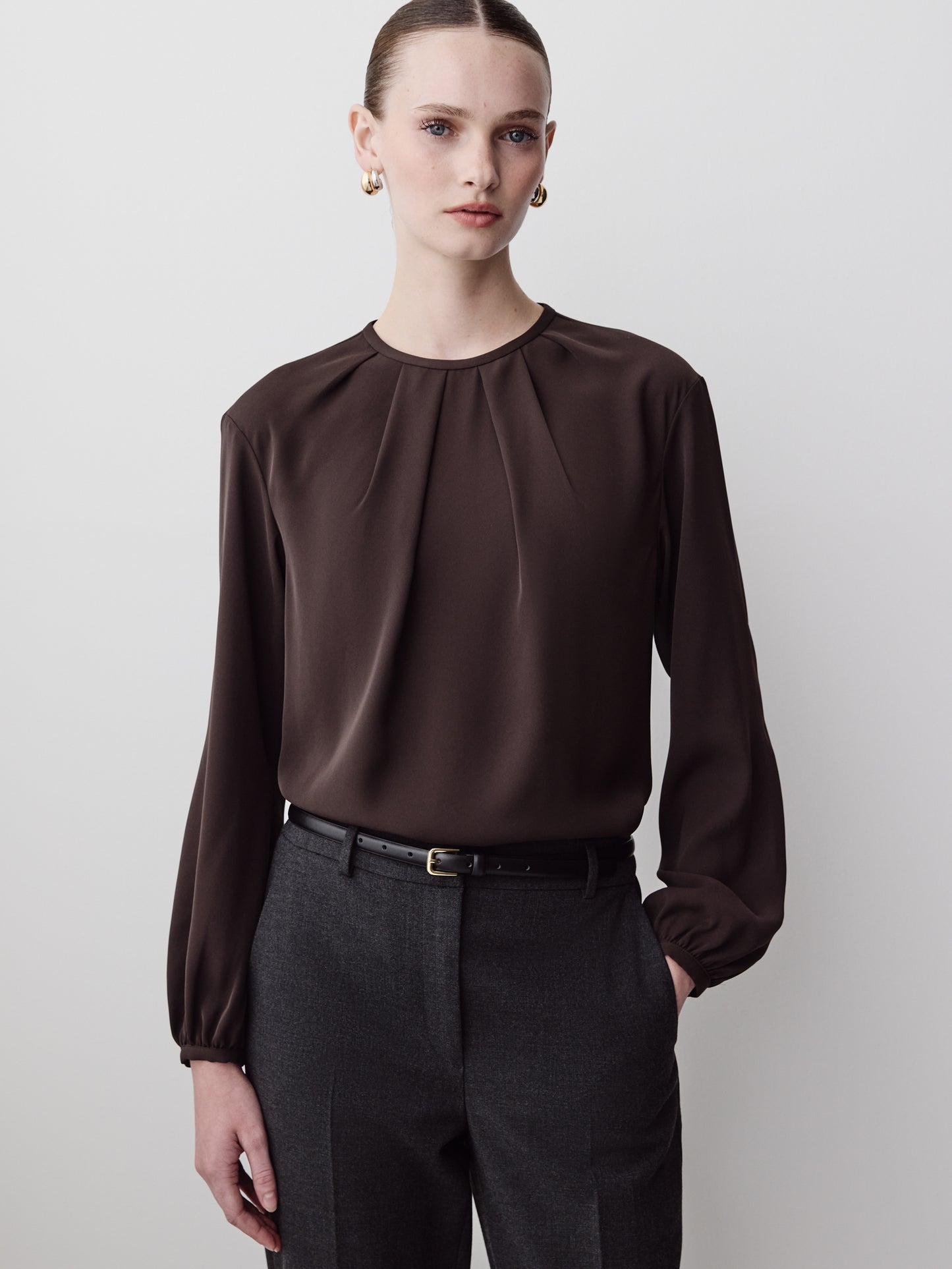 Woven Long Sleeve Blouse Luxe Crepe Fabric
