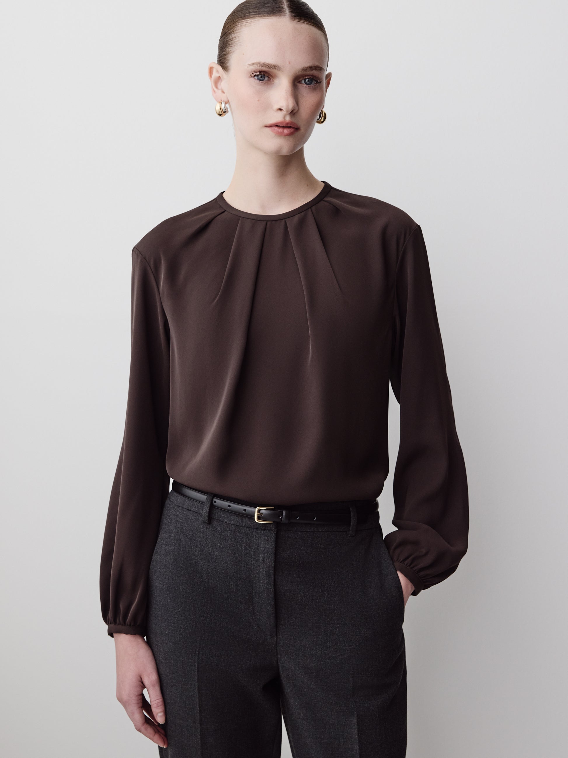 Woven Long Sleeve Blouse Luxe Crepe Fabric
