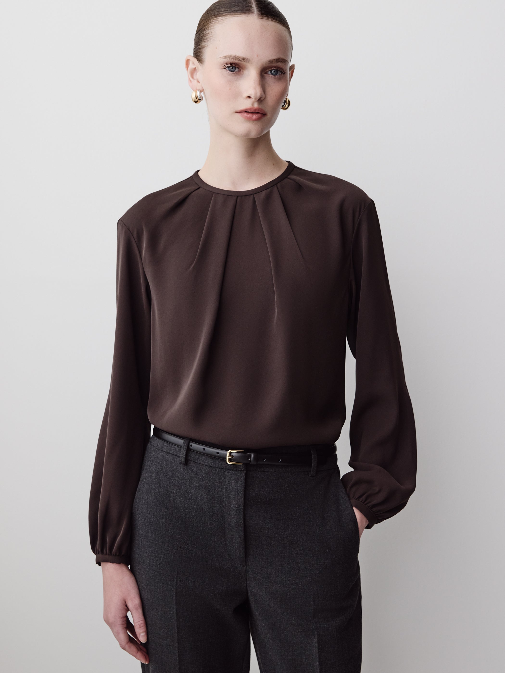 Woven Long Sleeve Blouse Luxe Crepe Fabric