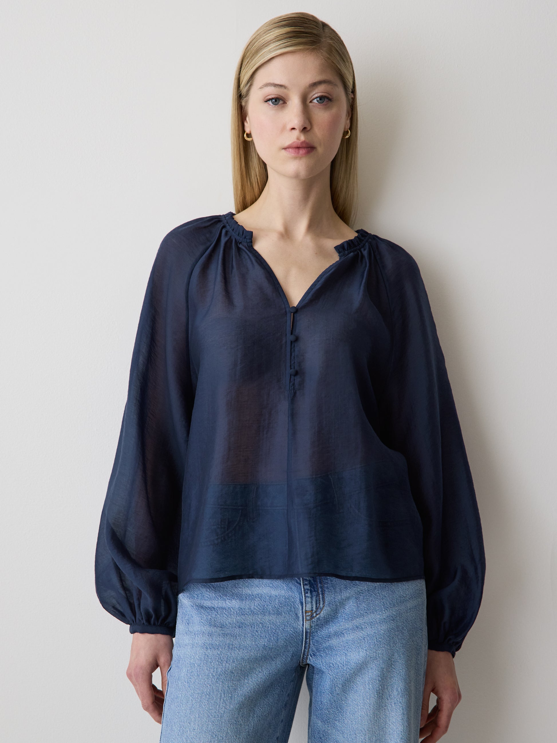 Woven Lyocell Voile Puff Sleeve Blouse