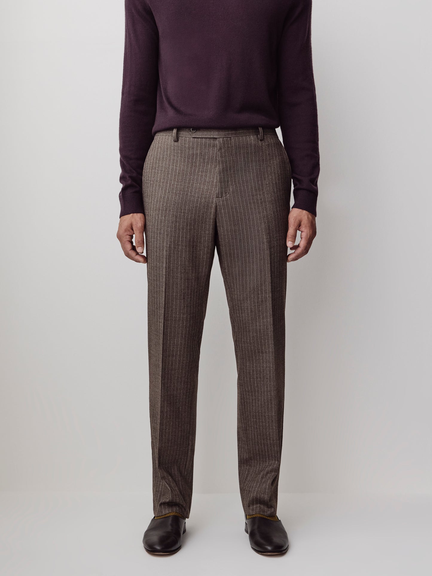 Tailored Brown Pinstripe Wool Blend Pant