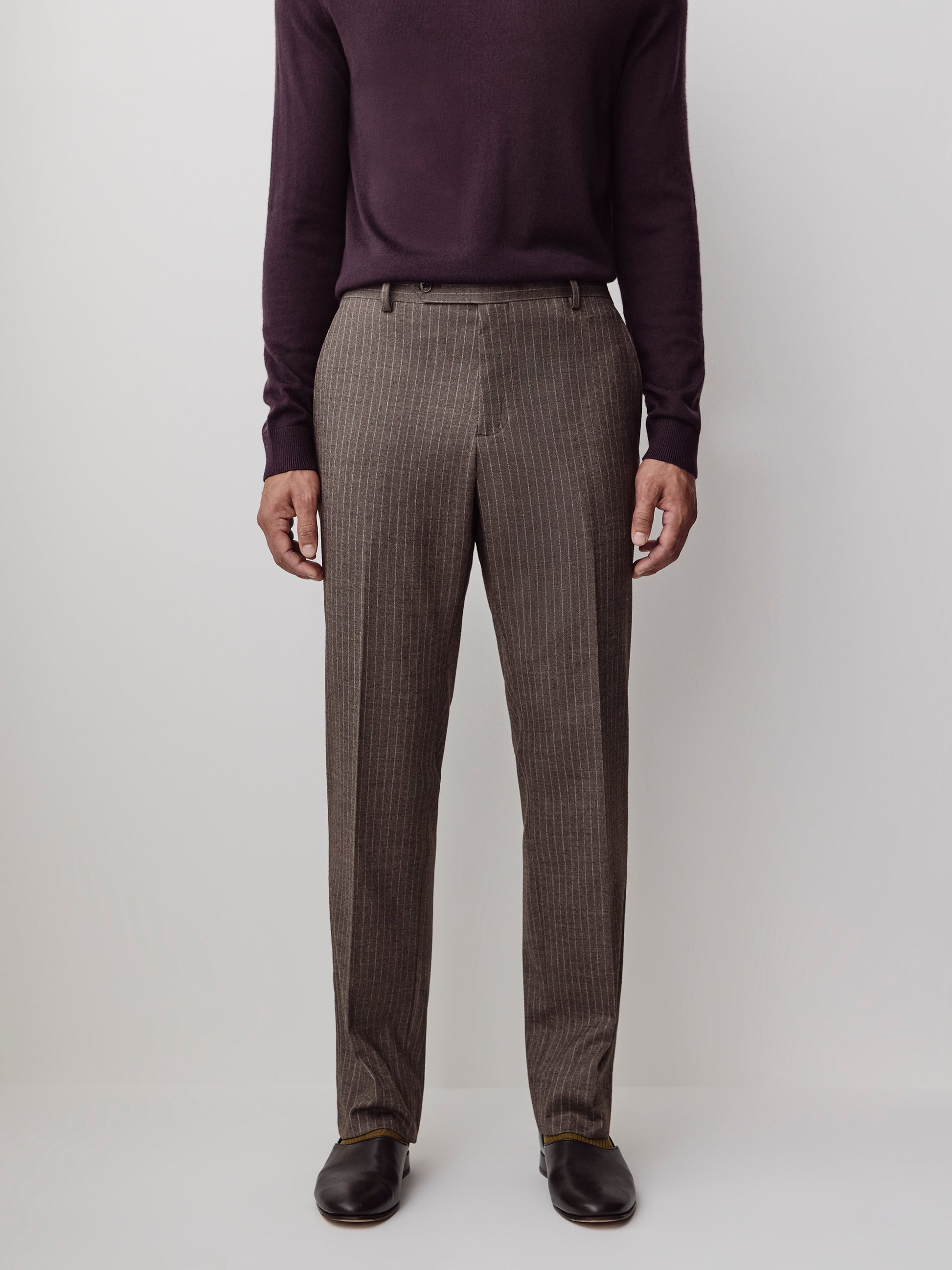 Tailored Brown Pinstripe Wool Blend Pant