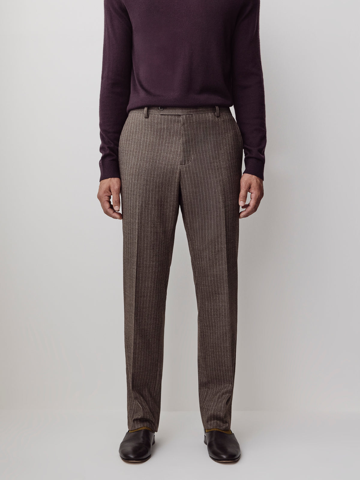 Tailored Brown Pinstripe Wool Blend Pant
