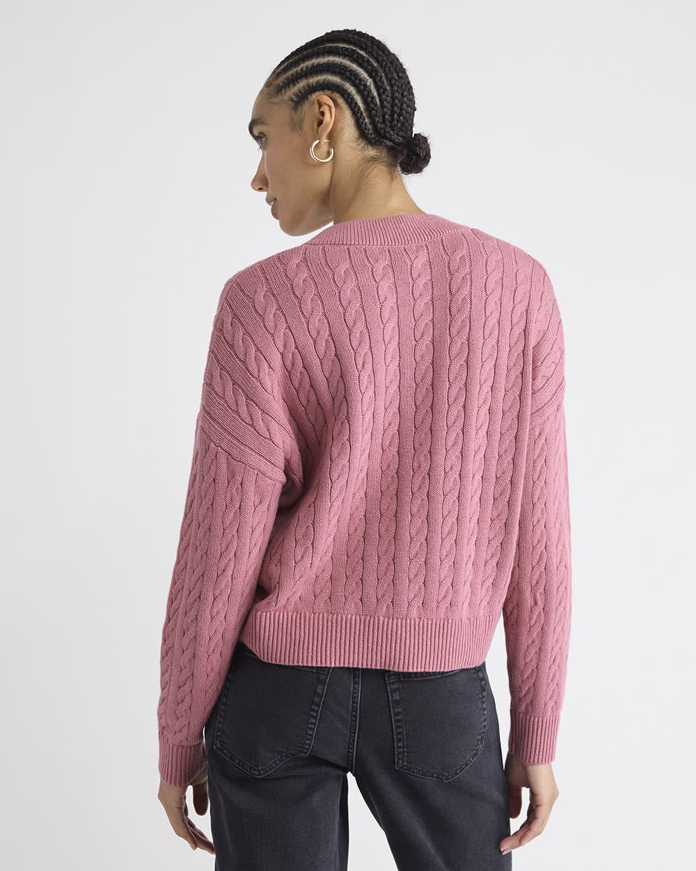 Long-Sleeve V-Neck Cable-Stitch Merino-Blend Sweater