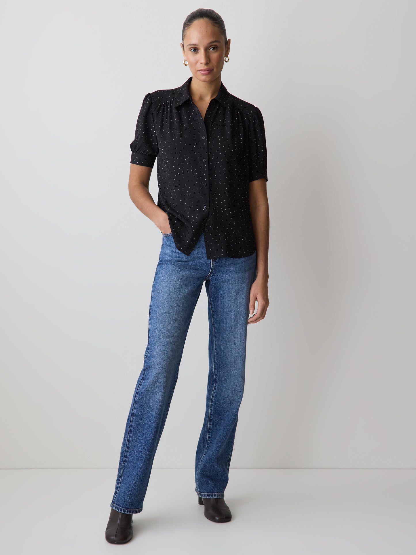 Silky Crepe Short-Sleeve Buttoned-Down Blouse