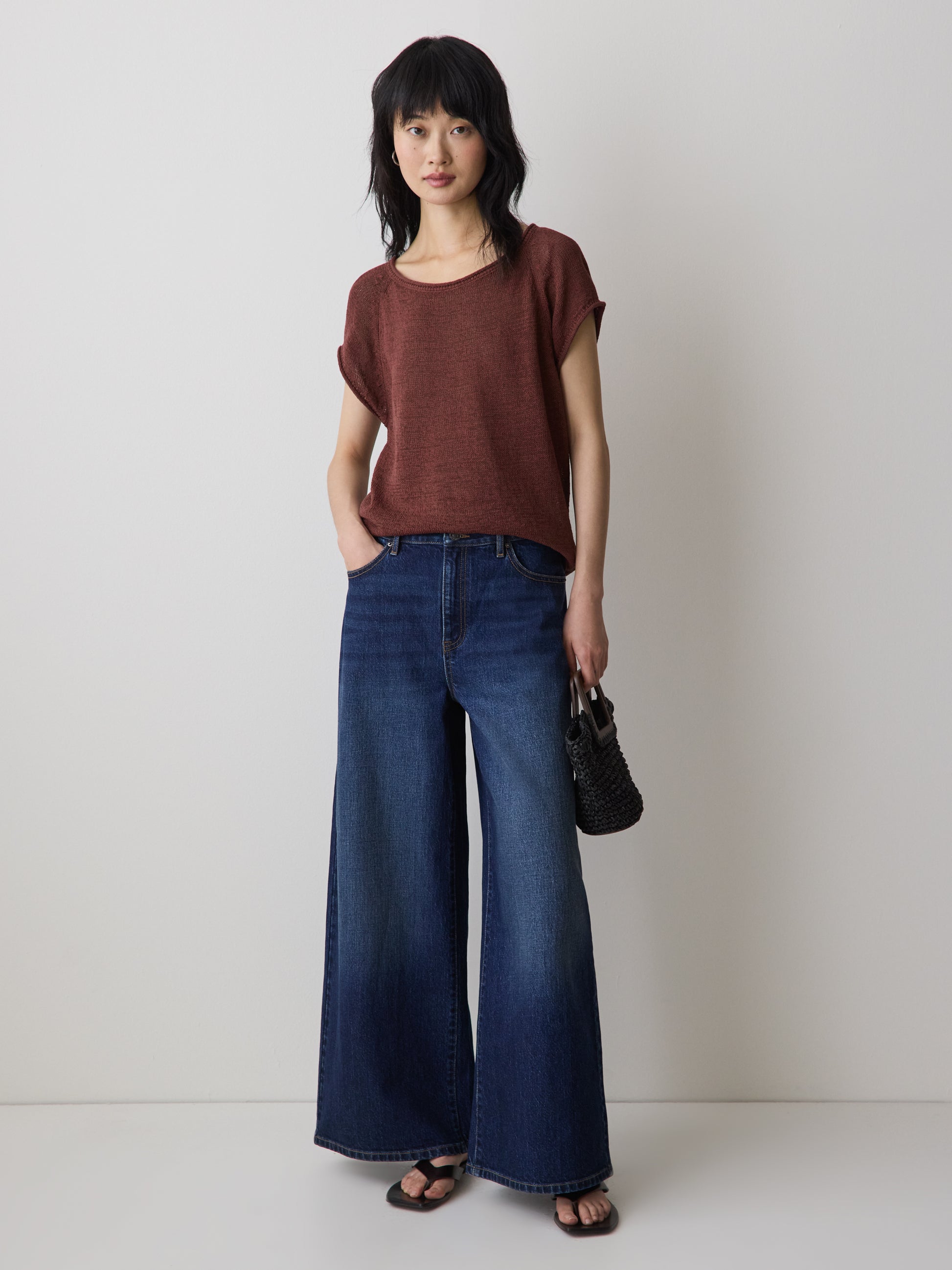 Cap-Sleeve Tape-Yarn Sweater