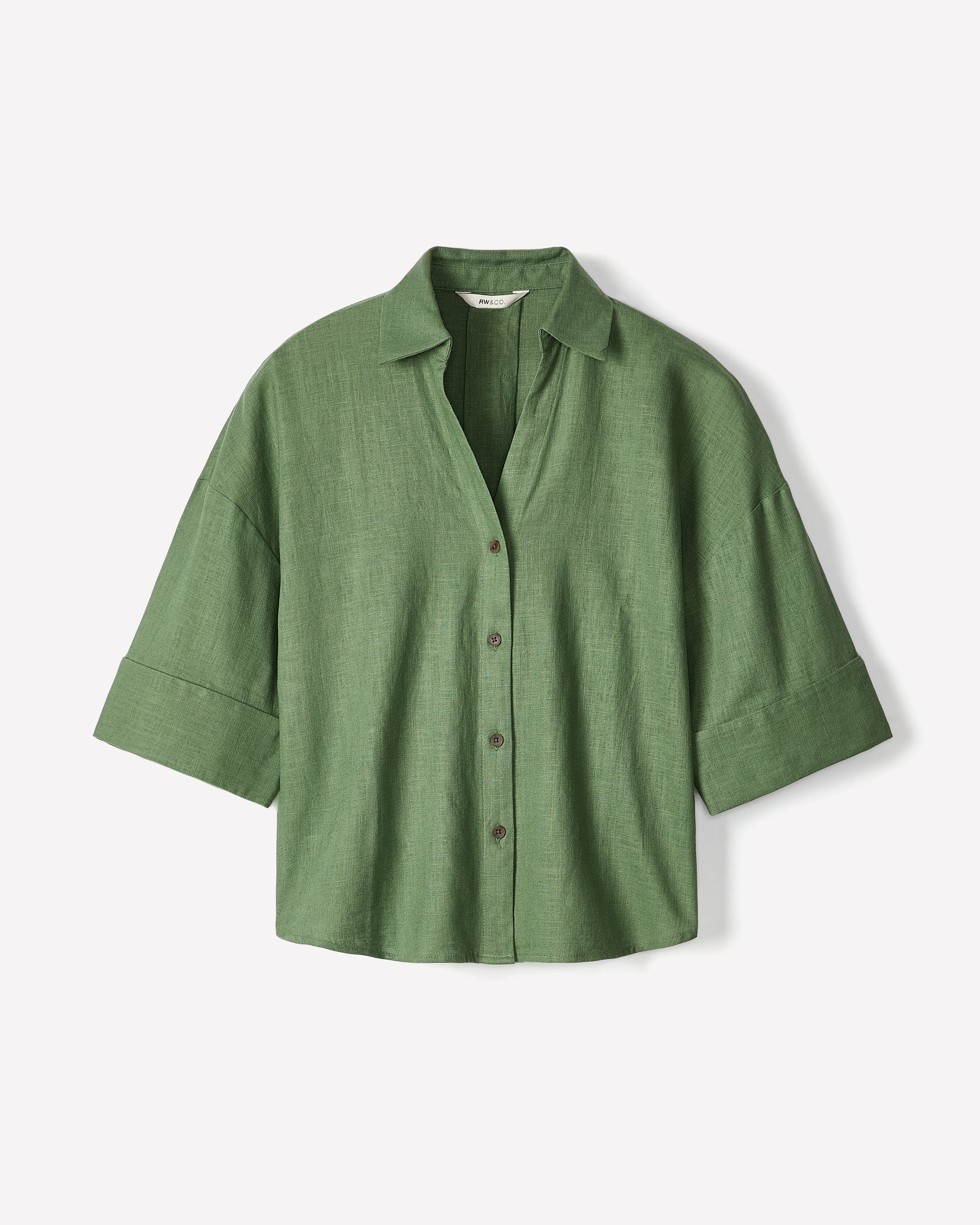 Linen-Blend Short-Sleeve Blouse with Shirt Collar