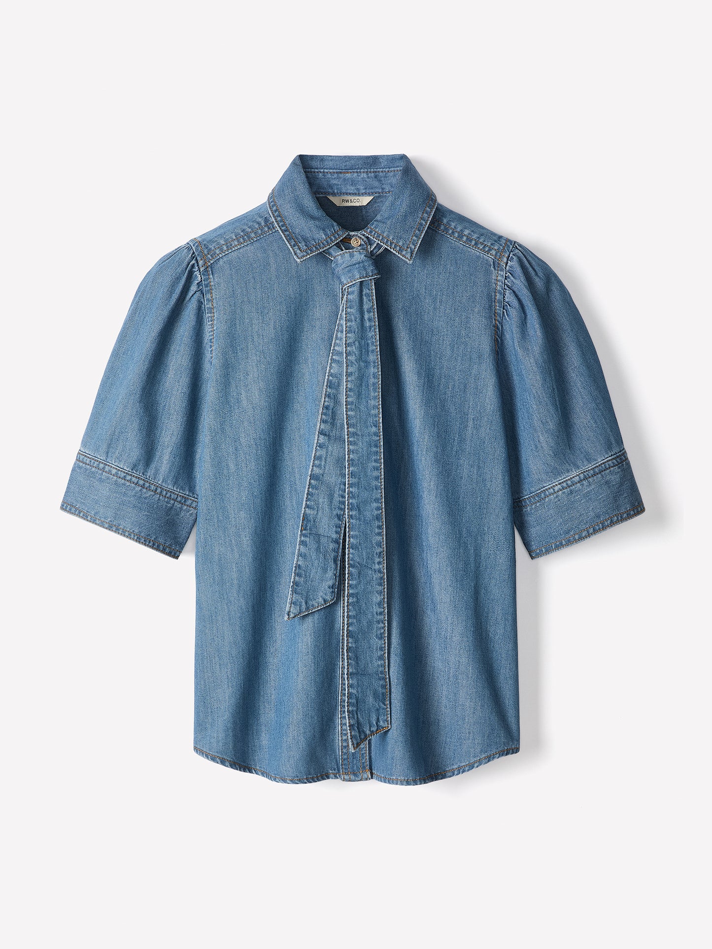 Short-Sleeve Denim Blouse with Shirt Collar