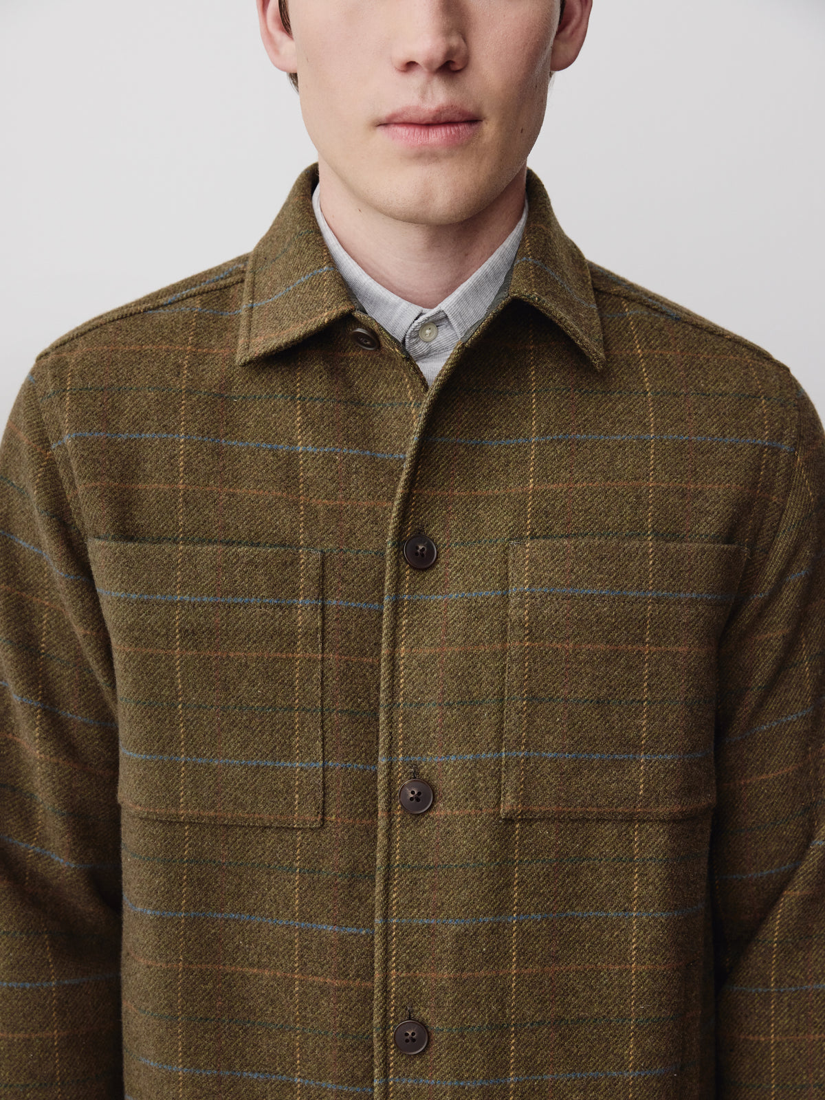 Wool Blend Check Overshirt Tailored Collar