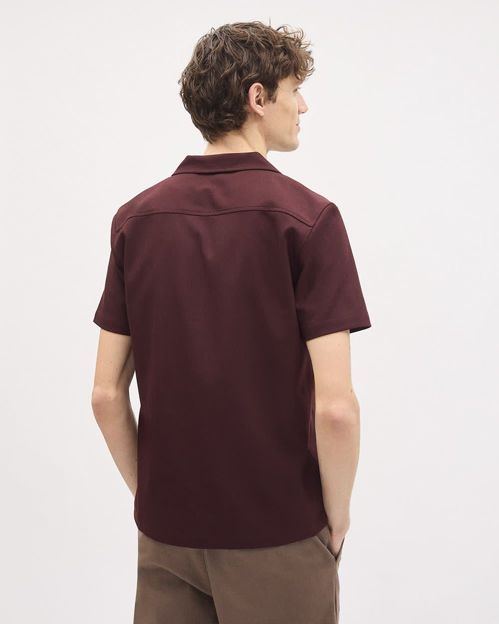 Short-Sleeve Herringbone Shirt with Camp Collar