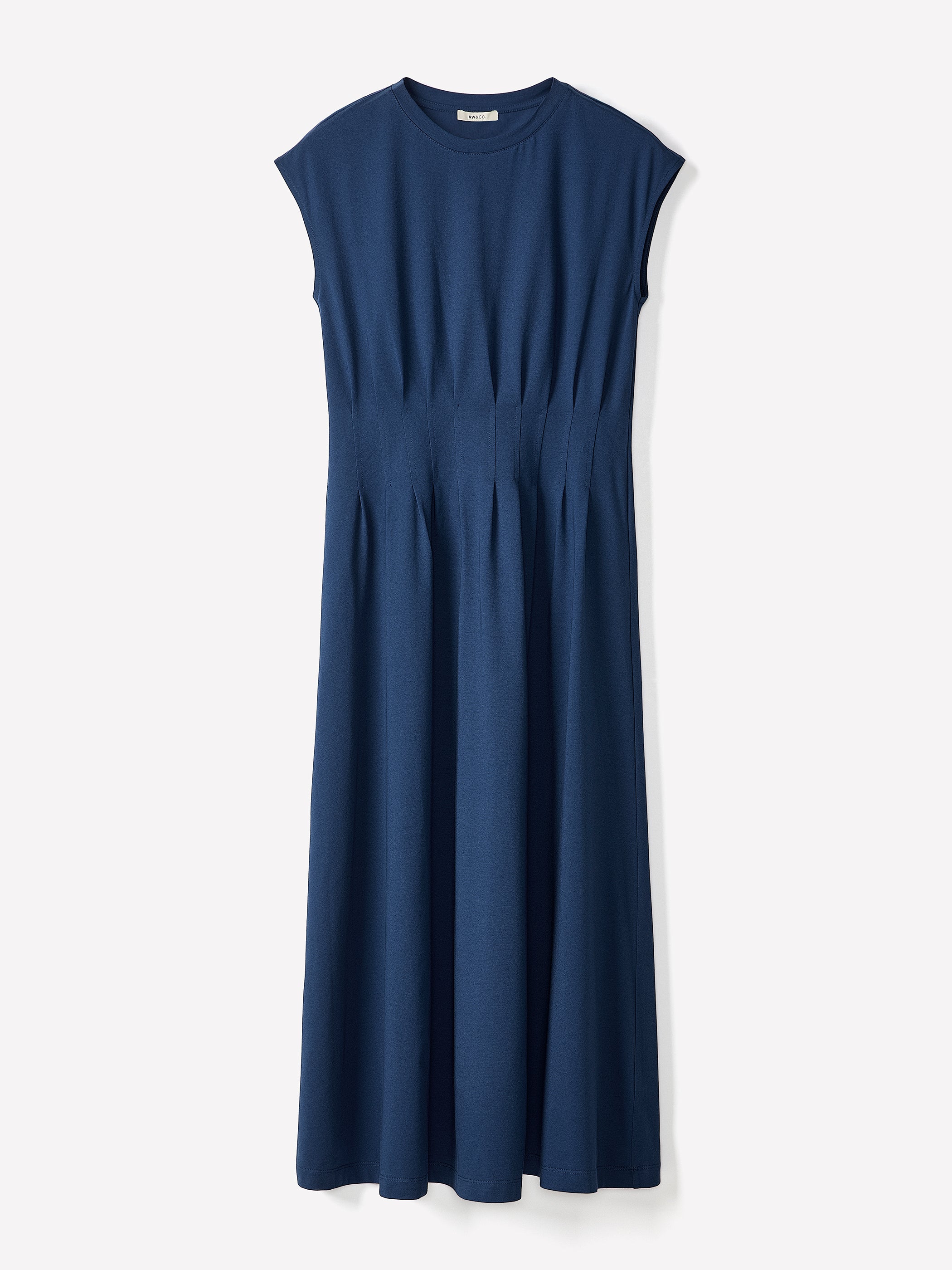 Extended-Sleeve Crew-Neck Midi Dress with Pintucks