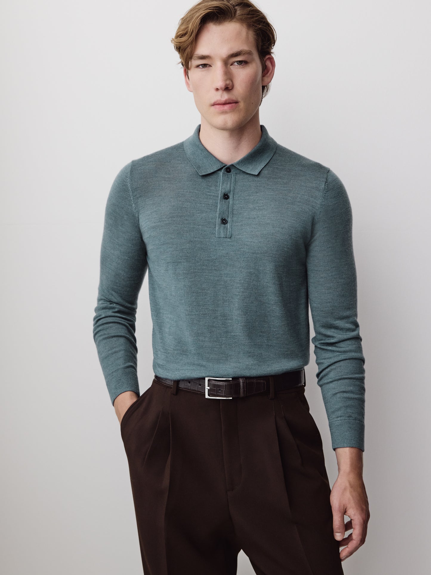 Merino Wool Knit Polo Sweater Long Sleeve