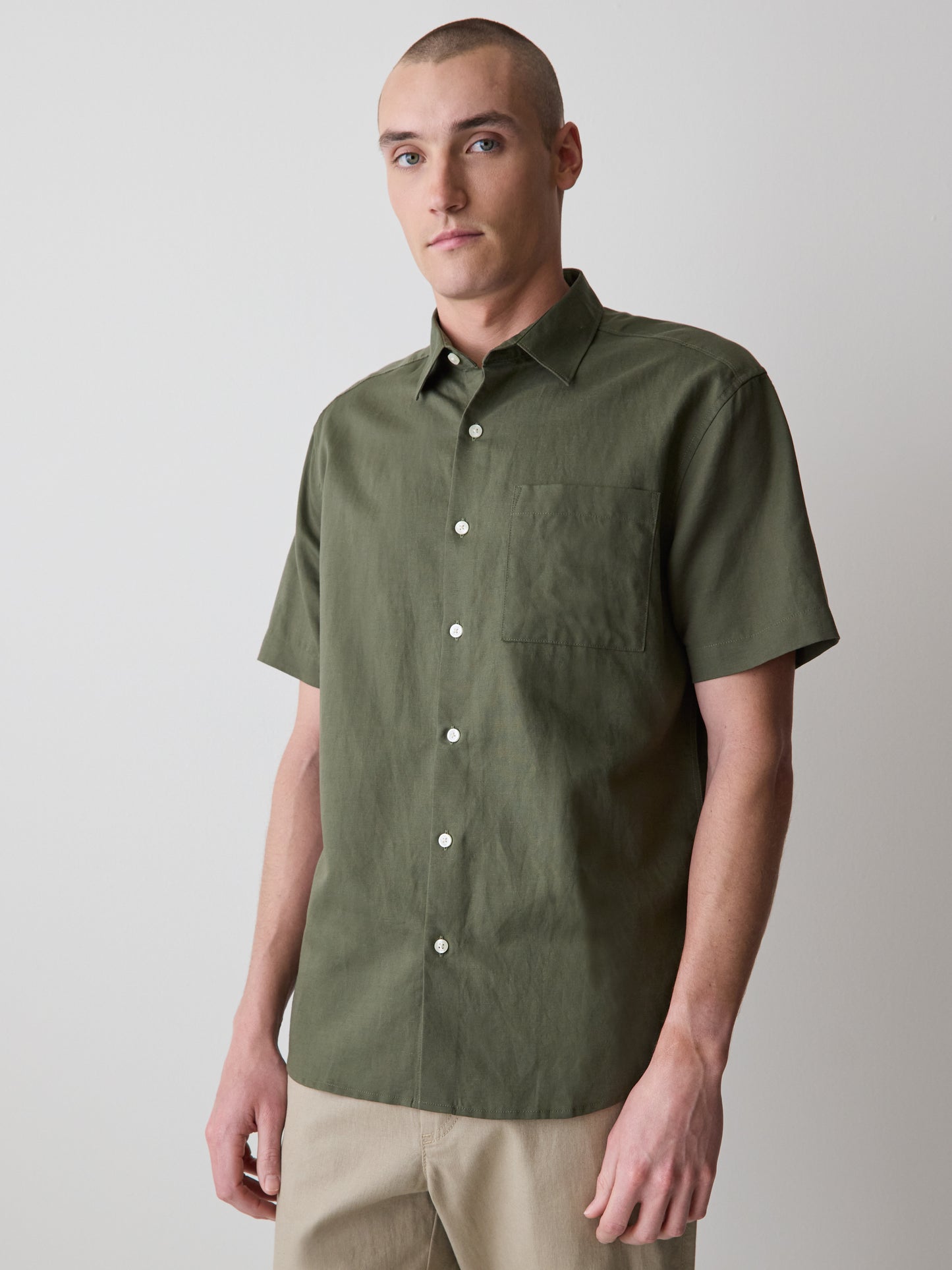 Mens Woven Linen Blend Shirt Regular Fit Short Sleeve