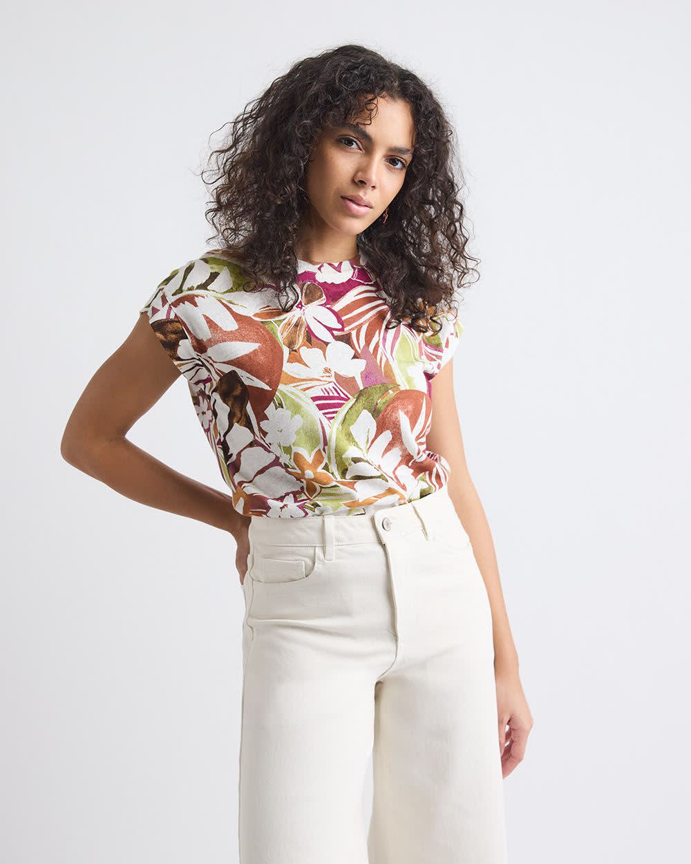 Extended-Sleeve Crew-Neck Linen-Blend Top