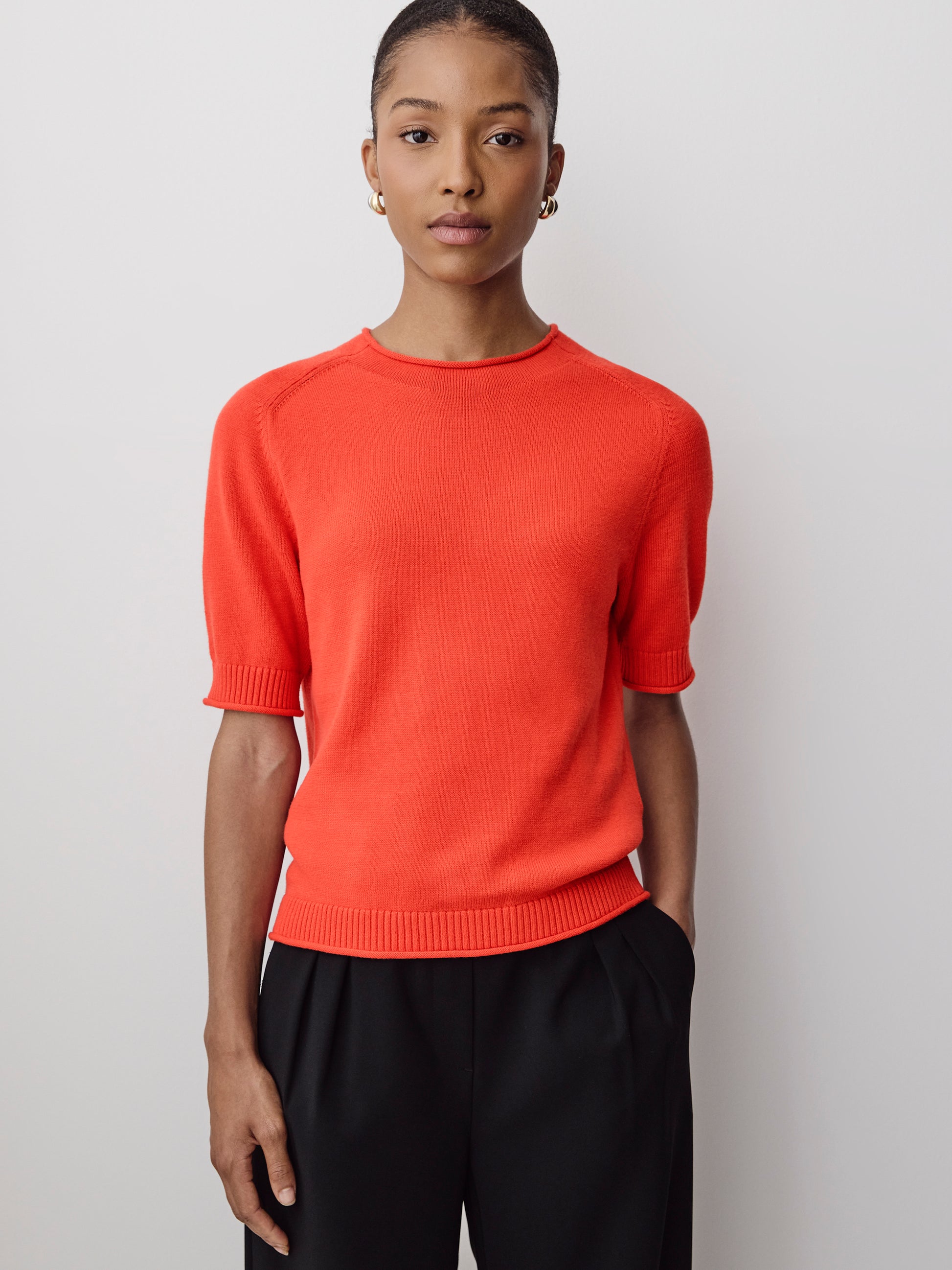 Knit Cotton Blend Funnel Neck Sweater