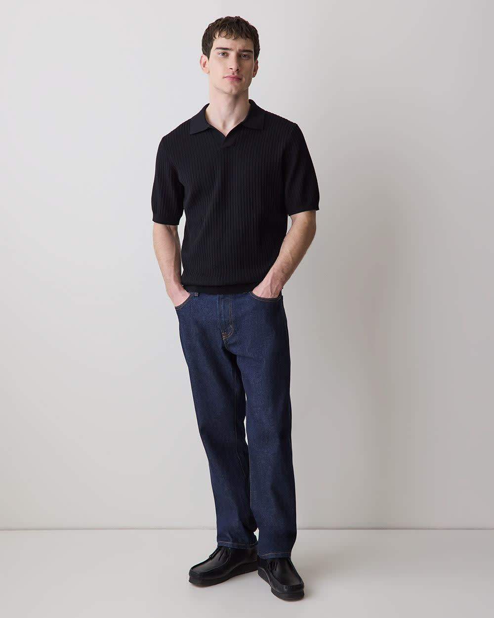 Cotton Short-Sleeve Polo with Johnny Collar